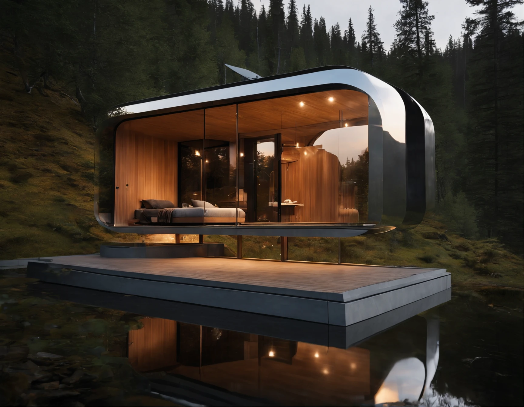 Exterior image of a tiny house house in a Scandinavian nature, duplex, minimalistic, (((standing wood and glass mirror panels))), avantgarde, sci-fi, science fiction, waterfall, panorama glass windows, forests, waterfall inside atrium, rocks, futuristic, floating, modern, solar panel roof, natural pond of water, inspired by Syd Mead