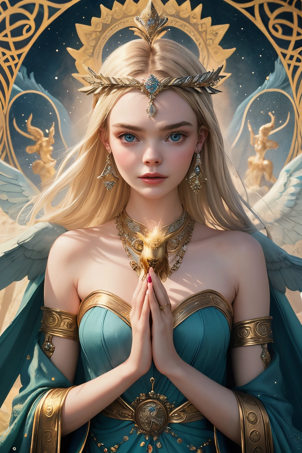"Generate an AI-powered artwork that envisions Elle Fanning as a mythical figure, seamlessly weaving elements of ancient mythology into her portrayal. Picture Elle Fanning adorned in ethereal attire inspired by the gods and goddesses of mythology, with symbols and motifs that reflect her transcendent role. Envision her surrounded by mythological landscapes, perhaps with fantastical creatures or celestial elements. Capture the essence of her character with grace and allure, embodying the magic and wonder of ancient myths. Use a rich and mystical color palette to convey the enchantment associated with mythology. The final image should be a captivating blend of Elle Fanning's ethereal beauty and the timeless allure of mythical storytelling."