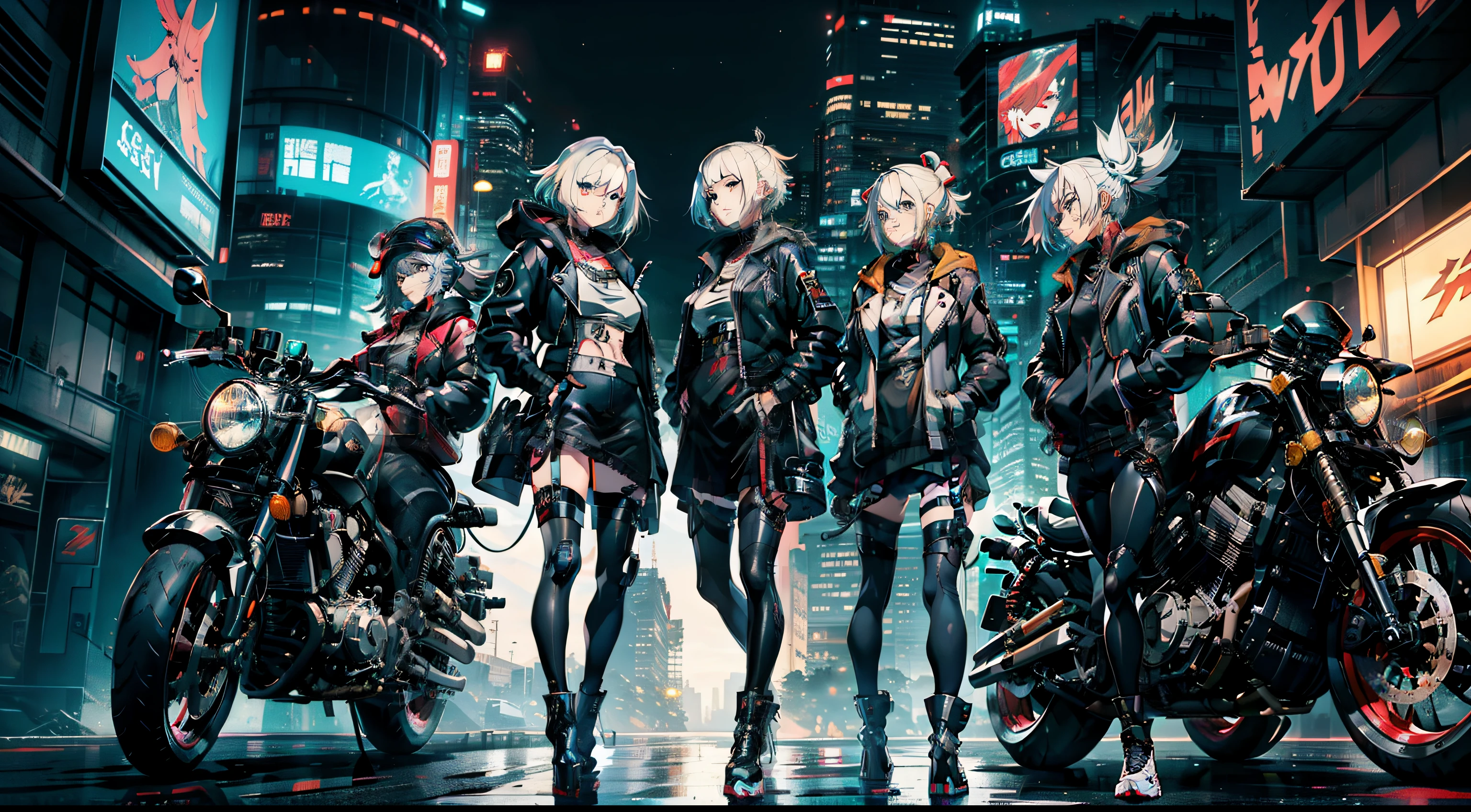cyberpunked、girl with、mechanic、comical、Anime style、white hair、motor bikes、Rider Jacket、punk coloring、sity、nightcity、Body parts are machines、Mature woman、group