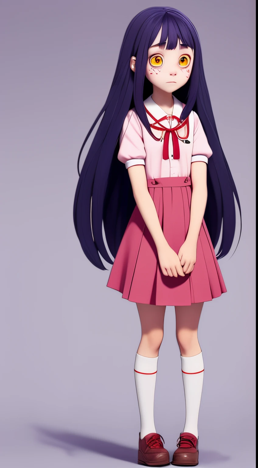 the anime, with schoolgirl, red ribbon around the neck, (indigo hair), yellow eyes, pink dress, white sleeves, sad face, girl in depression, full height, Full-length girl, beste-Qualit