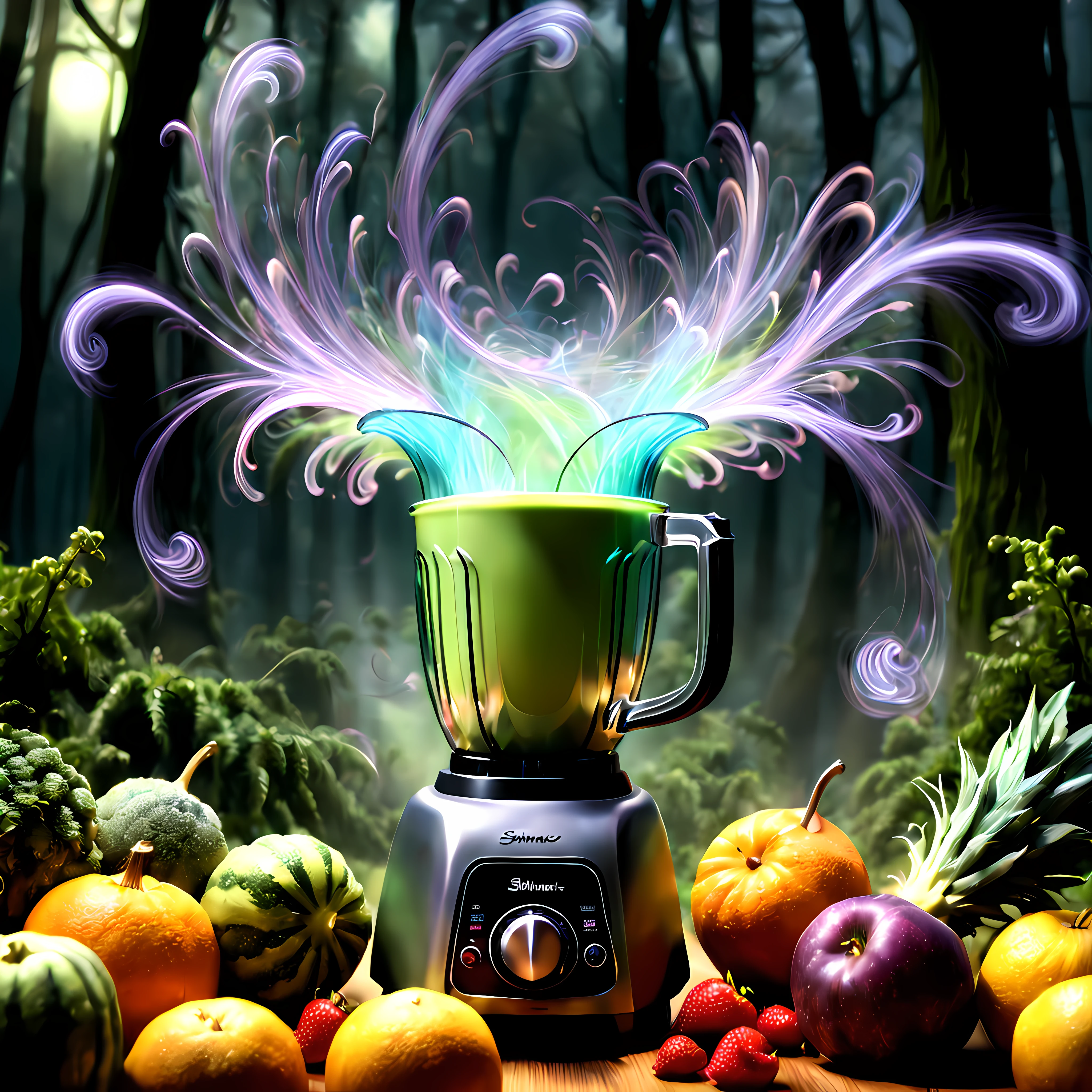 Cute Cartoon, CuteCartoonAF, (cute cartoon style:1.3), (front view:1.3), (close up:1.3), a bewitched blender that possesses an extraordinary ability to summon a storm of ingredients, blender in a haunted forest, dramatic lighting and shadows to enhance the mystique surrounding the blender, fill the frame with a whirlwind of ingredients such as fruits vegetables or even unusual elements like feathers or glitter, ((swirling around the blender as if dancing to an otherworldly rhythm)), ((shimmering wisps))