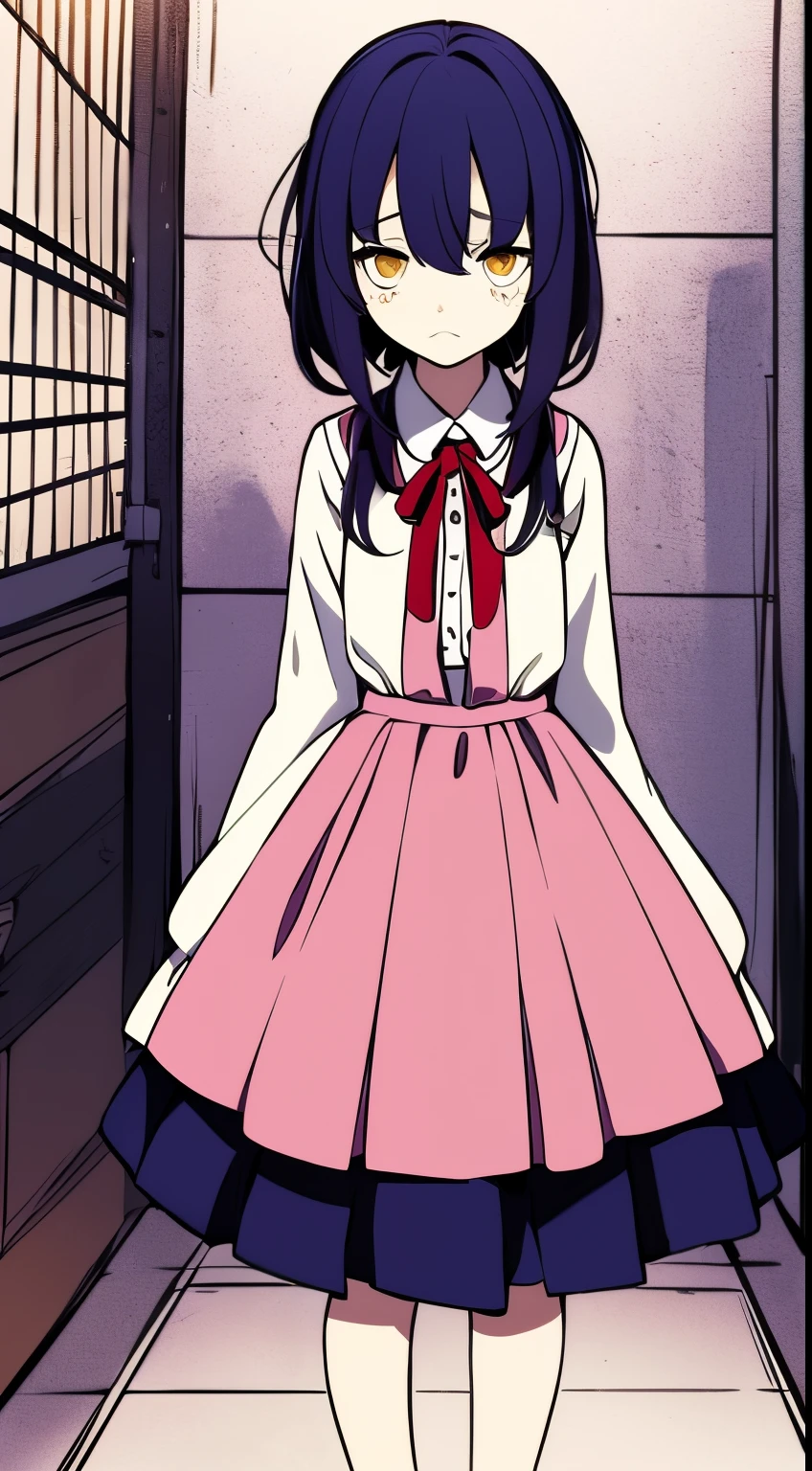 the anime, with schoolgirl, red ribbon around the neck, yellow eyes, pink dress, white sleeves, (indigo hair), sad face, girl in depression, full height, Full-length girl, beste-Qualit