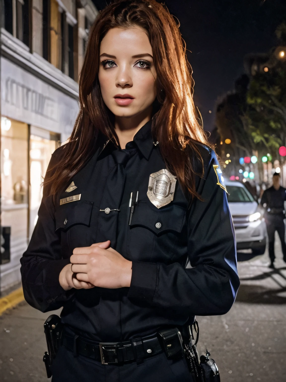 los angeles city street, (daytime), (dark lighting:1.25), (LAPD uniform), (long sleeve police uniform:1.0), (long straight hair), stoic expression, (photorealistic:1.2) (best quality) (detailed) (intricate) (8K), (cinematic lighting:1.2), sharp details