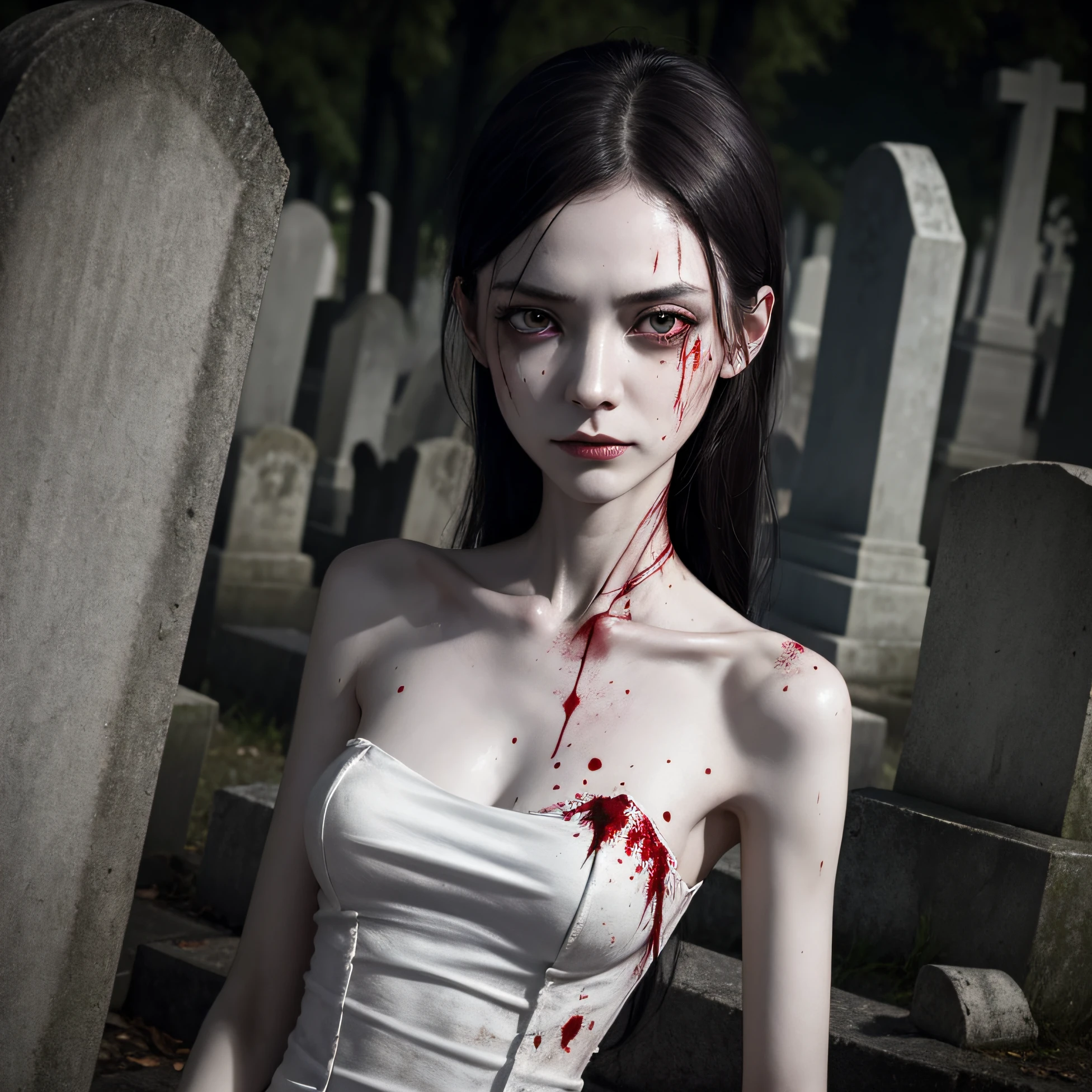 ??????, sinister, female, thin, pale, looking at the camera, ultra realistic, fully detailed, cemetery environment, bright eyes, white dress torn and stained with blood, bones exposed, putrid wounds, sensual, terrifying, bruised by the body, exposed fracture in the collarbone, slight smile, super detailed