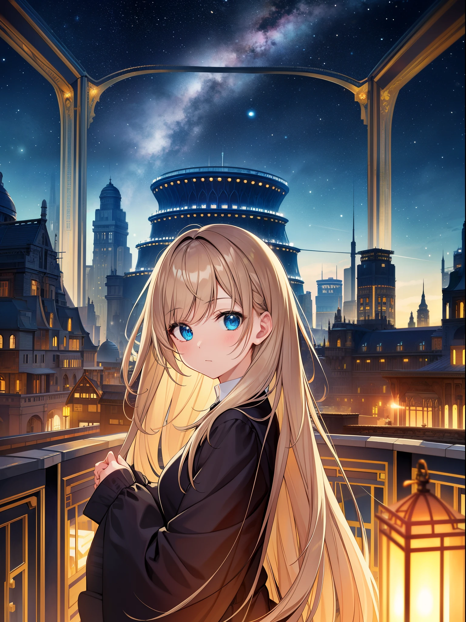 best quality, masterpiece, extremely detailed, detailed background, anime, 1girl, young girl, short girl, sci-fi, science fiction, outdoors, night, starry sky, greenhouse, megastructure, bio-dome, landscape, scenery, horizon, rooftop, sitting on rooftop, wind, looking away, atmospheric lighting, solo focus, close up, from side, depth of field, bokeh