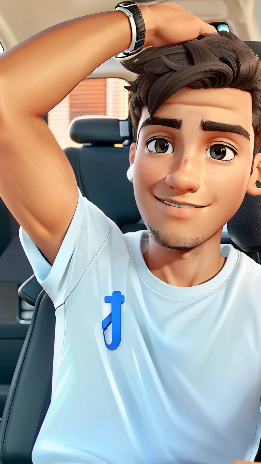 A young man sitting in the driver&#39;s seat of a light vehicle with black interior decoration, holding the head of the chair with his right hand with a bracelet on his arm and white earphones in his ear