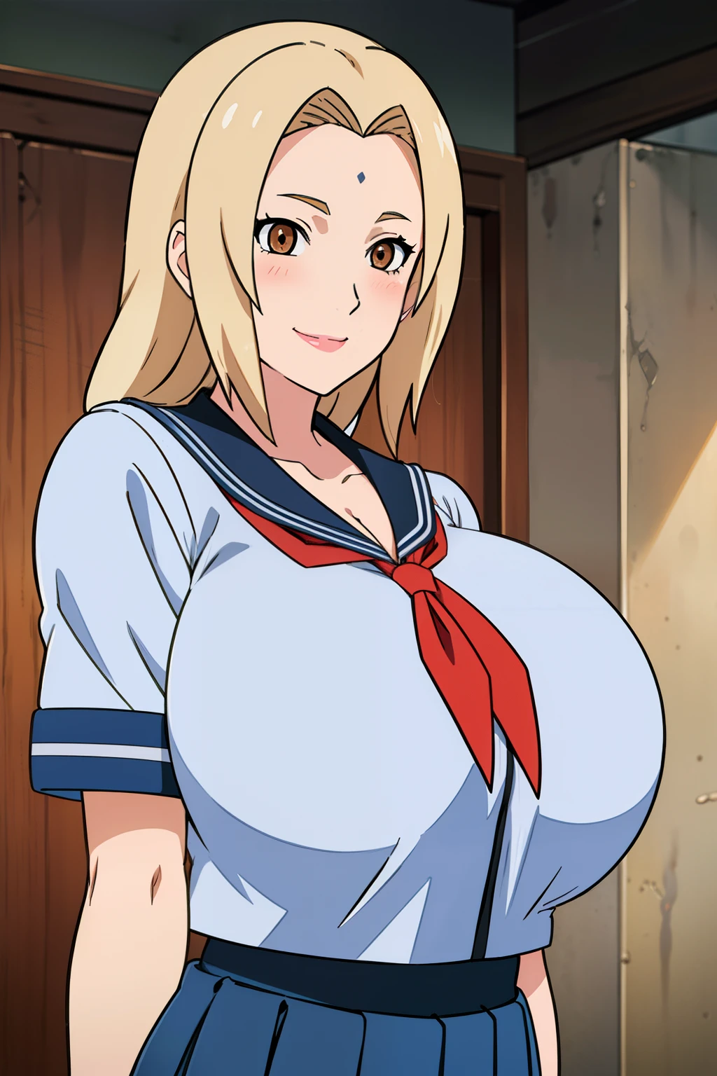 best quality, high resolution, 1girl, (huge breasts:1.2), Tsunade, blonde hair, brown eyes, mature female, blue sailor color, white school uniform, serafuku, red tie, blue pleated skirt, blush, embarrassed, smile