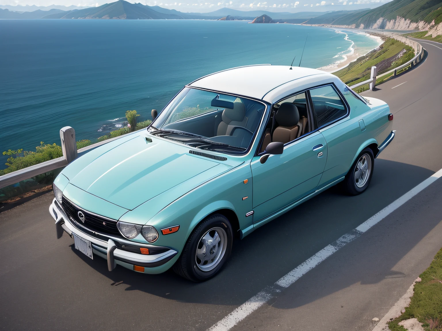 超A high resolution、An ultra-high picture quality、8K、Detailed details、marvelous expression、early summer coastline、Beautiful fresh greenery and lapping waves、A white car runs gracefully on the mountain pass road along the coast........、((NISSAN Gazelle 2000 Coupe Sport GTA))