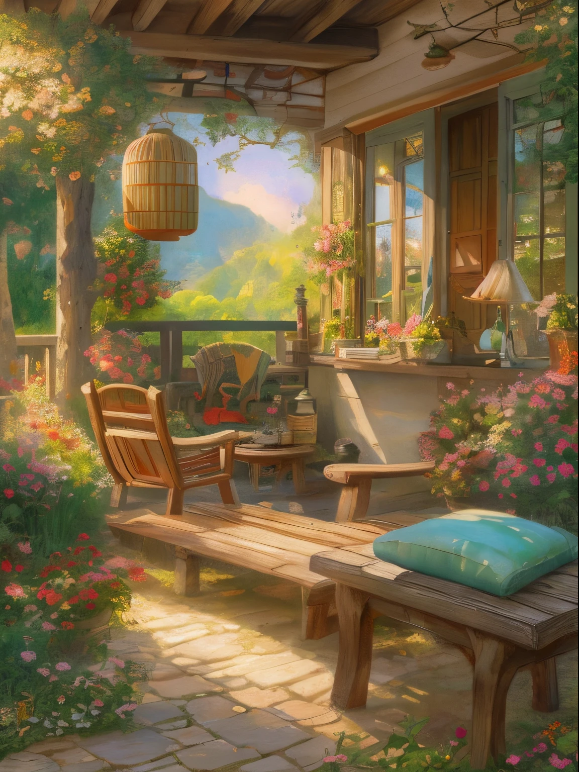 Chinese pastoral style in the 1980s，Wooden loungers, Inspired by the digital paintings of Guido Borrell da Caluso, Winner of the DeviantArt competition, simple art, soothing and cozy landscape, cottagecore, idyllic cottage, cottagecore!!, at summer afternoon, Calm afternoon, cozy place, Gorgeous cottage, tomas kinkade. Lovely comfortable room, peaceful scene，Works of masters，Anime background art，ghibli studio art，