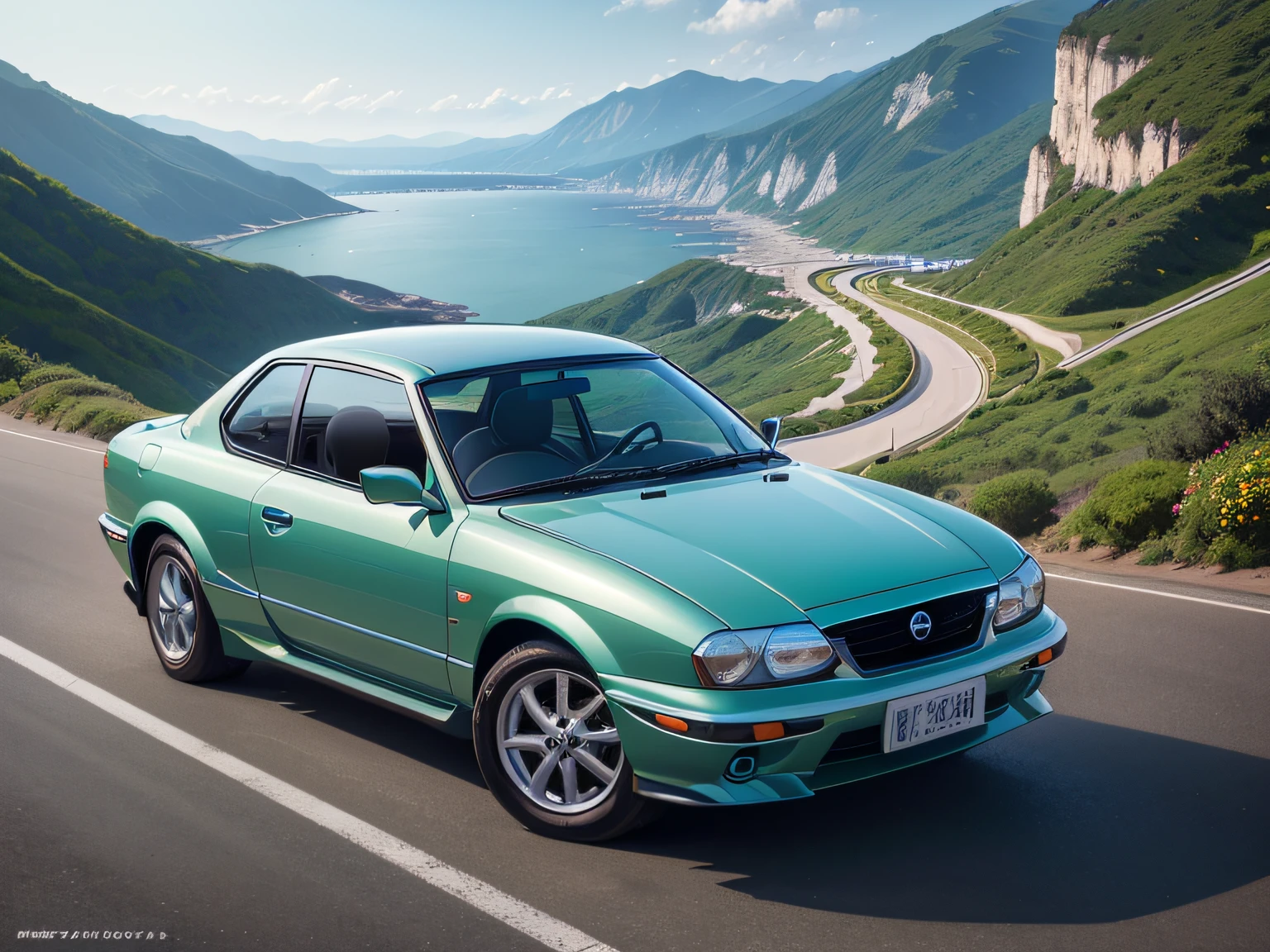 超A high resolution、An ultra-high picture quality、8K、Detailed details、marvelous expression、early summer coastline、Beautiful fresh greenery and lapping waves、A white car runs gracefully on the mountain pass road along the coast........、((NISSAN Gazelle 2000 Coupe Sport GTA))