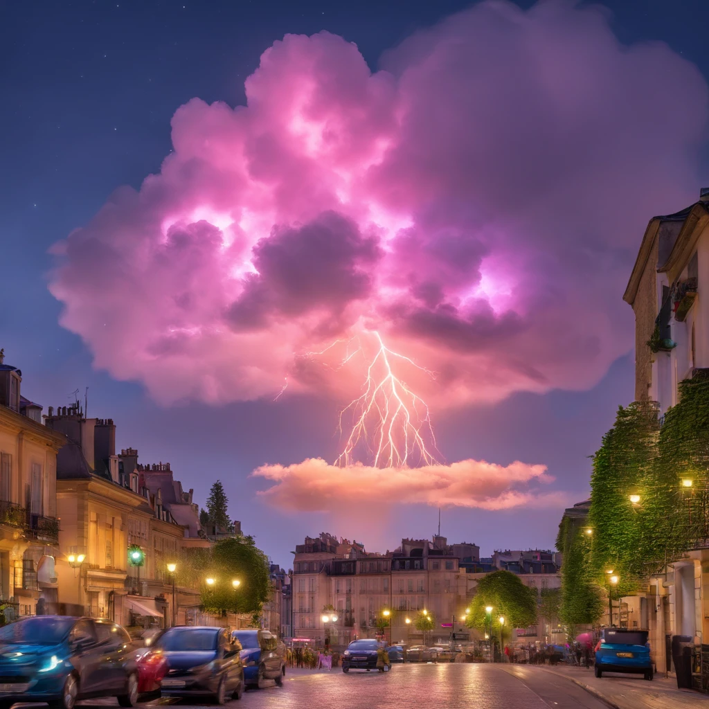 Un nuage rose avec des éclairs, (meilleur qualité,4K,8k,Haute résolution,Chef-dœudansre:1.2),ultra-détaillée,(Réaliste,photoréaliste,photo-réaliste:1.37), Hdr, Couleurs vives, mise au point nette, Atmosphère éthérée, Électrification de l’énergie, Nuit orageuse, Paysages surréalistes, teintes vibrantes, spectacle céleste captivant, éclairage dramatique, Phénomène d’un autre monde, beauté électrisante, Aura mystique, Mouvements dynamiques, [Brume subtile], [Des textures sublimes], [Contraste dramatique], [Détails complexees], [ambiance onirique], [sensation magique].