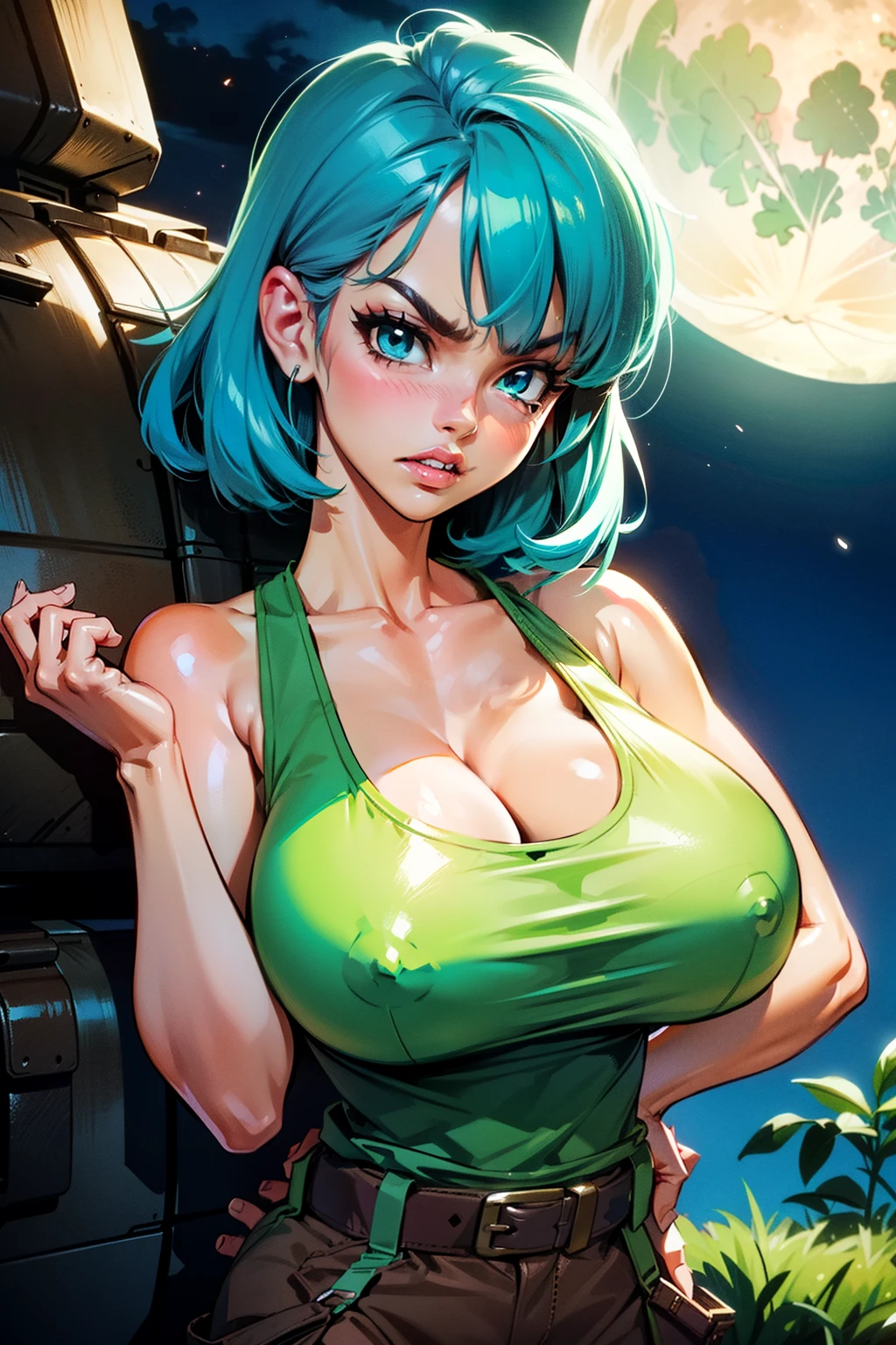 Waifu, masterpiece, curvy, breasts, moon, full moon, gloves, 1girl, clenched teeth, bulma, cleavage, large breasts, teeth, aqua hair, ((white tank top:1.2)), blue eyes, rating:explicit,rule34, hardcore, tits,clenched hands, night, sky, ((brown cargo pants:1.4)), bare shoulders, blue hair, clenched hand, rating:questionable, (((hairtype 4C:1.5))), belt, solo, angry, lip biting(gigantic and massive tits:1.1), breasts, official illustration, illustration, detailed face, beautiful intricate eyes, curvy milf, 1:2), closeup, titsnipples