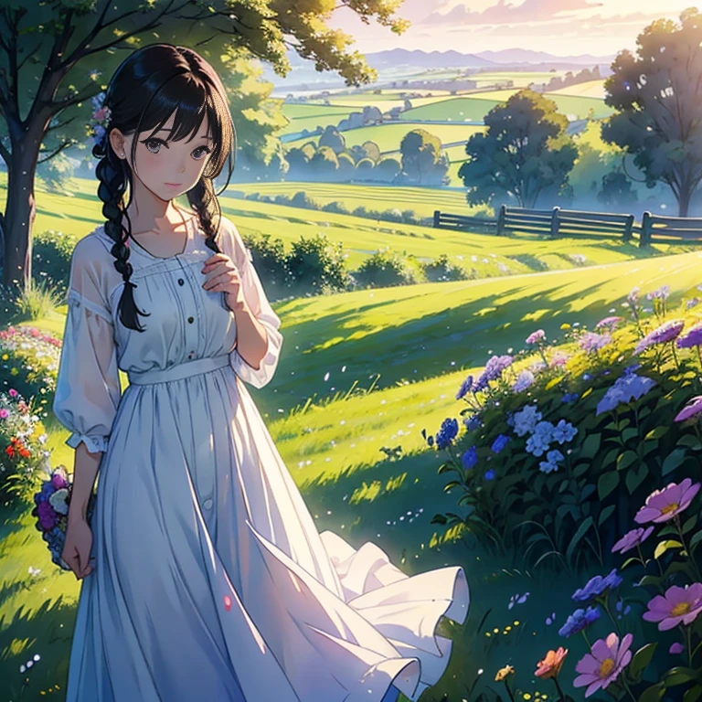 Portrait of a girl walking along an ascedent path through a forest. She holds a basket of flowers. Conservative dressed. Hair on the wind. Rays of light filtering through the trees. Green trees intertwin their branches over the path. Bushes and some flowery plants under the trees. Happy palette of colours. Highly detailed. Ray traicing.
