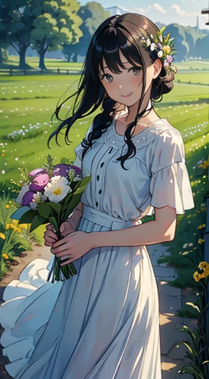 (Watercolor in Sargent style)、(top-quality、​masterpiece)、Soft light、View of the Cotswolds,Old farmhouse、rivulets、place々flower bloom、Create an ethereal scene in a calm morning misty meadow。Draw delicate and blurry brushwork、Enhance the serene atmosphere of the countryside、(One lady)、17 age、Woman with dark hair、Short black hair、Braided hair、美丽的面容、kindly smile、tiny chest、White blouse and long skirt、picnic、standing on a hill、blown by the wind、Holding a bouquet of flowers in your hands、