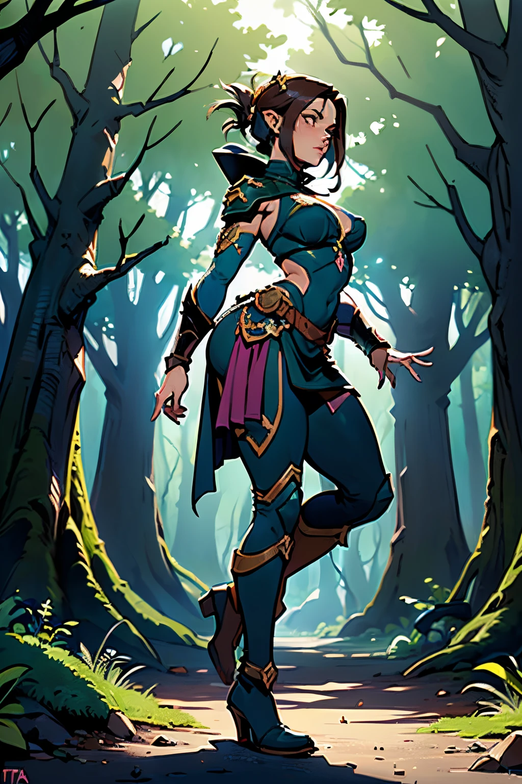 ((20 anos))) negra, (((pele clara))), magical aura around her, (((she is in a mysterious dark forest))), twilights, (((lacuna na coxa))), (((Pose de corpo inteiro))), longos cabelos ondulados pretos, botas de salto alto, (((usando armadura de couro rasgada))), (((Arte estilo Dungeons and Dragons))), arte de fantasia, rico, cores profundas, (detalhes intrincados:0.9), (HDR, Hiperdetalhamento:1.2), (texturas naturais da pele, hiper realisitc, luz suave, Sharp),