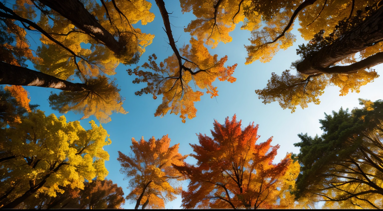 a dark forest of oaks in autumn, from below, UHD, retina, masterpiece, accurate, super detail, high details, high quality, award winning, best quality, highres, 16k