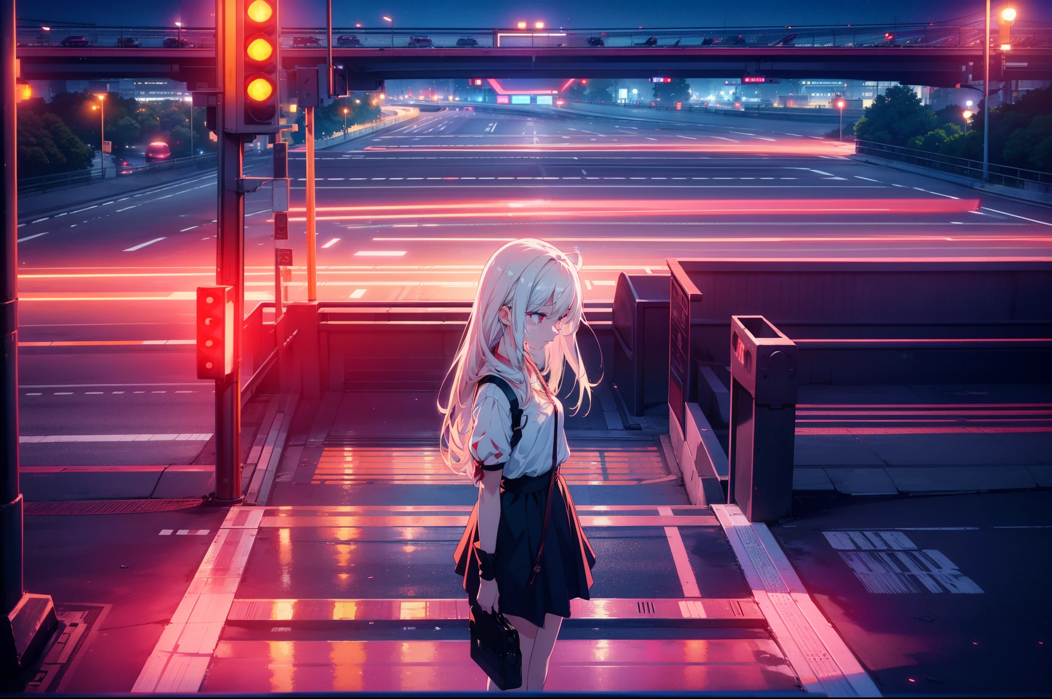 Anime girl sitting on windowsill looking at the city, Pink white jacket,Underwear rain,Look at the shooting stars in the sky, Digital cyberpunk anime art,
