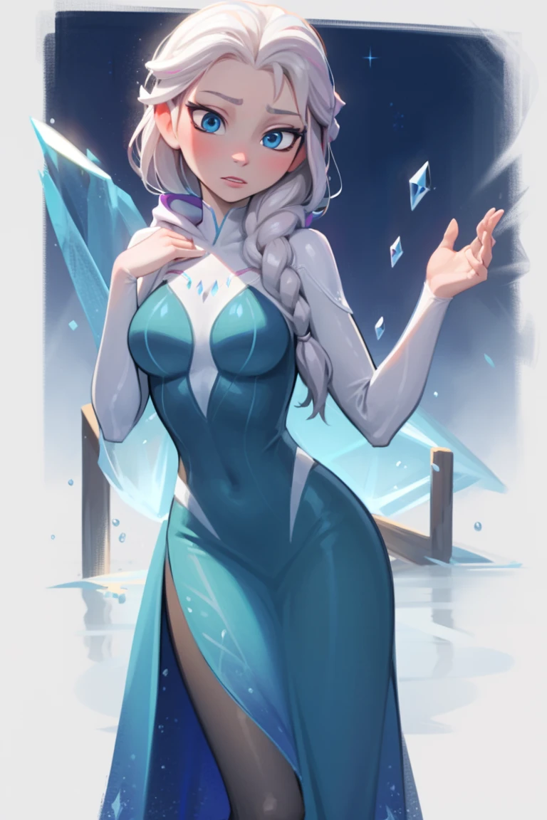 Elsa of arendelle wearing Spidergwen costume, Spidergwen costume, blue icey costume, braid, human ears, Elsa of arendelle, elsa of arendelle, blue ice dress, single braid, hooded