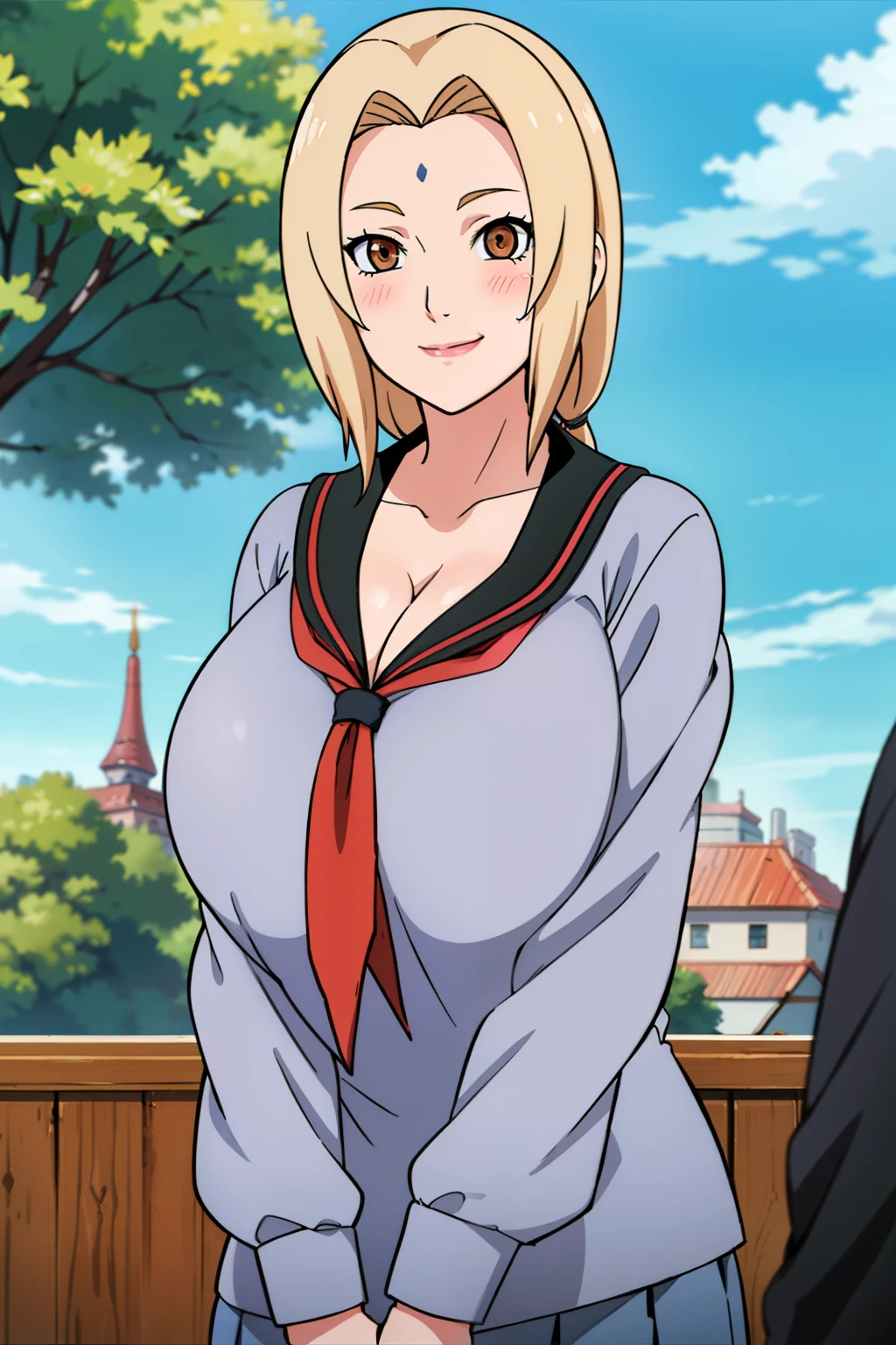 best quality, high resolution, 1girl, (huge breasts:1.2), Tsunade, blonde hair, brown eyes, mature female, white school uniform, serafuku, red tie, blue pleated skirt, blush, embarrassed, smile, cowboy shot, outdoors