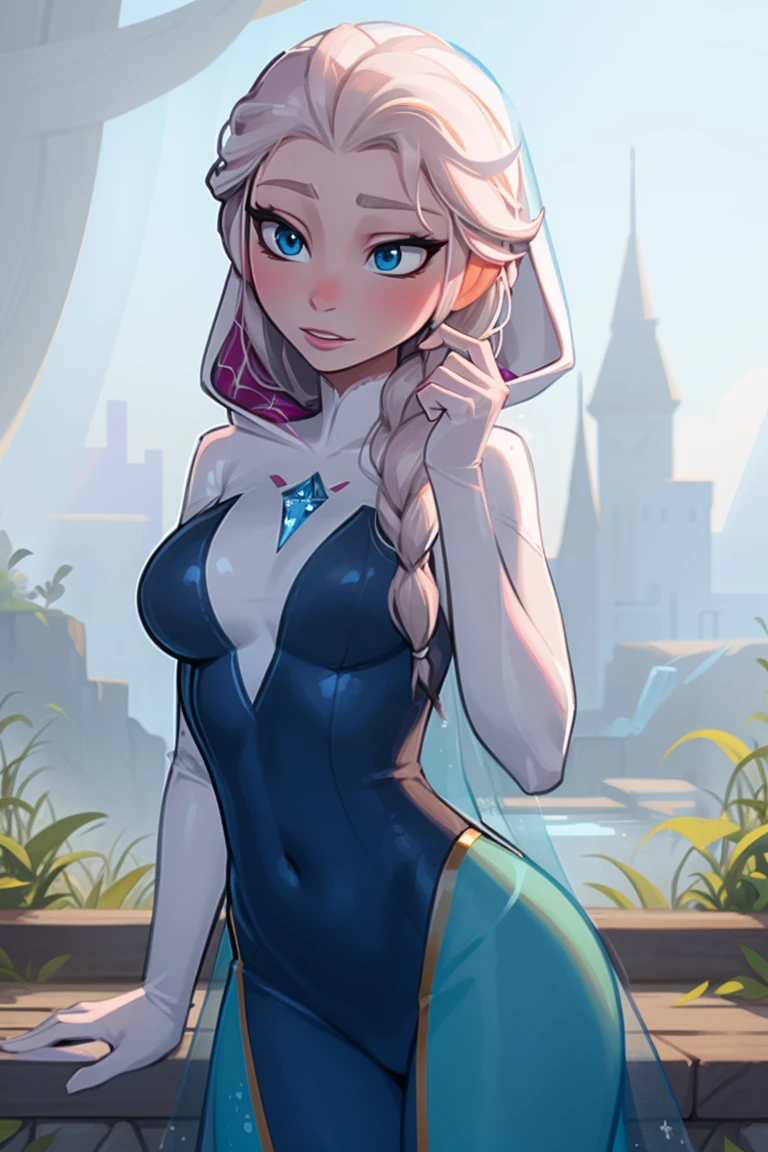 Elsa of arendelle wearing Spidergwen costume, Spidergwen costume, blue icey costume, braid, human ears, Elsa of arendelle, elsa of arendelle, blue ice dress, single braid, hooded bodysuit