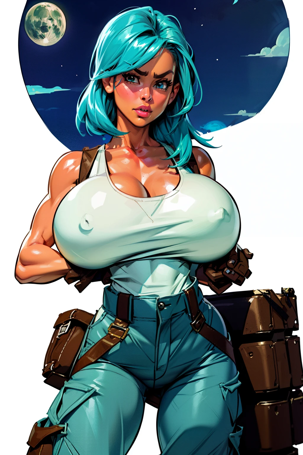 Waifu, masterpiece, curvy, breasts, moon, full moon, gloves, 1girl, clenched teeth, bulma, cleavage, large breasts, teeth, aqua hair, ((white tank top:1.2)), blue eyes, rating:explicit,rule34, hardcore, tits,clenched hands, night, sky, ((brown cargo pants:1.4)),(white skin:1.4), bare shoulders, blue hair, clenched hand, rating:questionable, (((hairtype 4C:1.5))), belt, solo, angry, lip biting(gigantic and massive tits:1.1), breasts, official illustration, illustration, detailed face, beautiful intricate eyes, curvy milf, 1:2), closeup, titsnipples