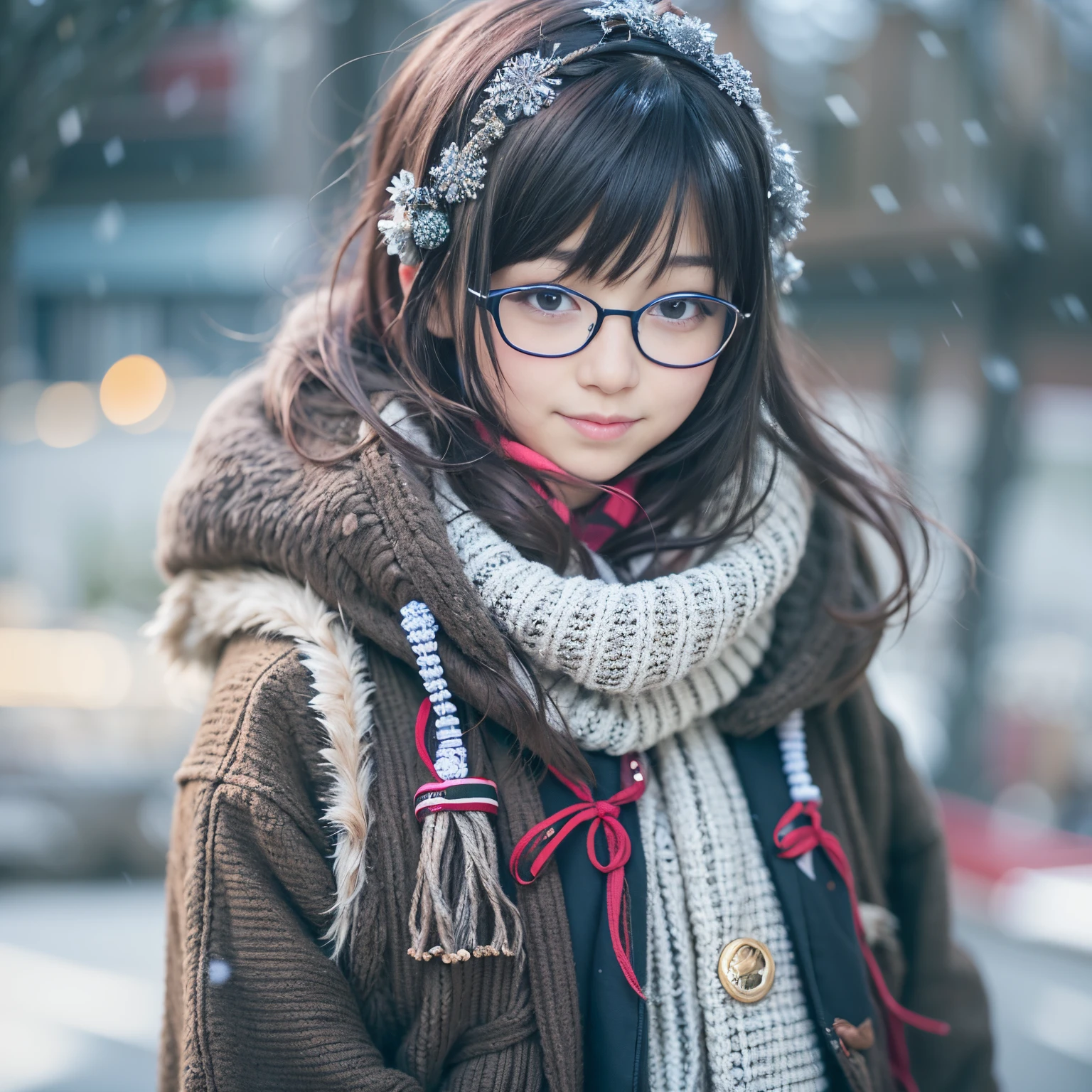 Best-quality, Masterpiece, Ultra-High-Resolution, (Photorealistic:1.4), Raw-Photo, Extremely-Details, Perfect-Anatomy, 

in winter schoolyard, 

1girl, -yeld, thost popular Japanese idol, (wearing Japanese high-school winter uniform, muffler with cute design, glasses with cute design), face focus, close-up, innocent smile, looking at viewer, 
extremely cute face like a most famous Japanese idol, extremely beautiful big black solid eyes, extremely beautiful black short-cut-haired, extremely beautiful realistic white skins, extremely beautiful wet lips, 

detailed glasses, detailed Japanese high-school winter uniform, detailed muffler with cute design