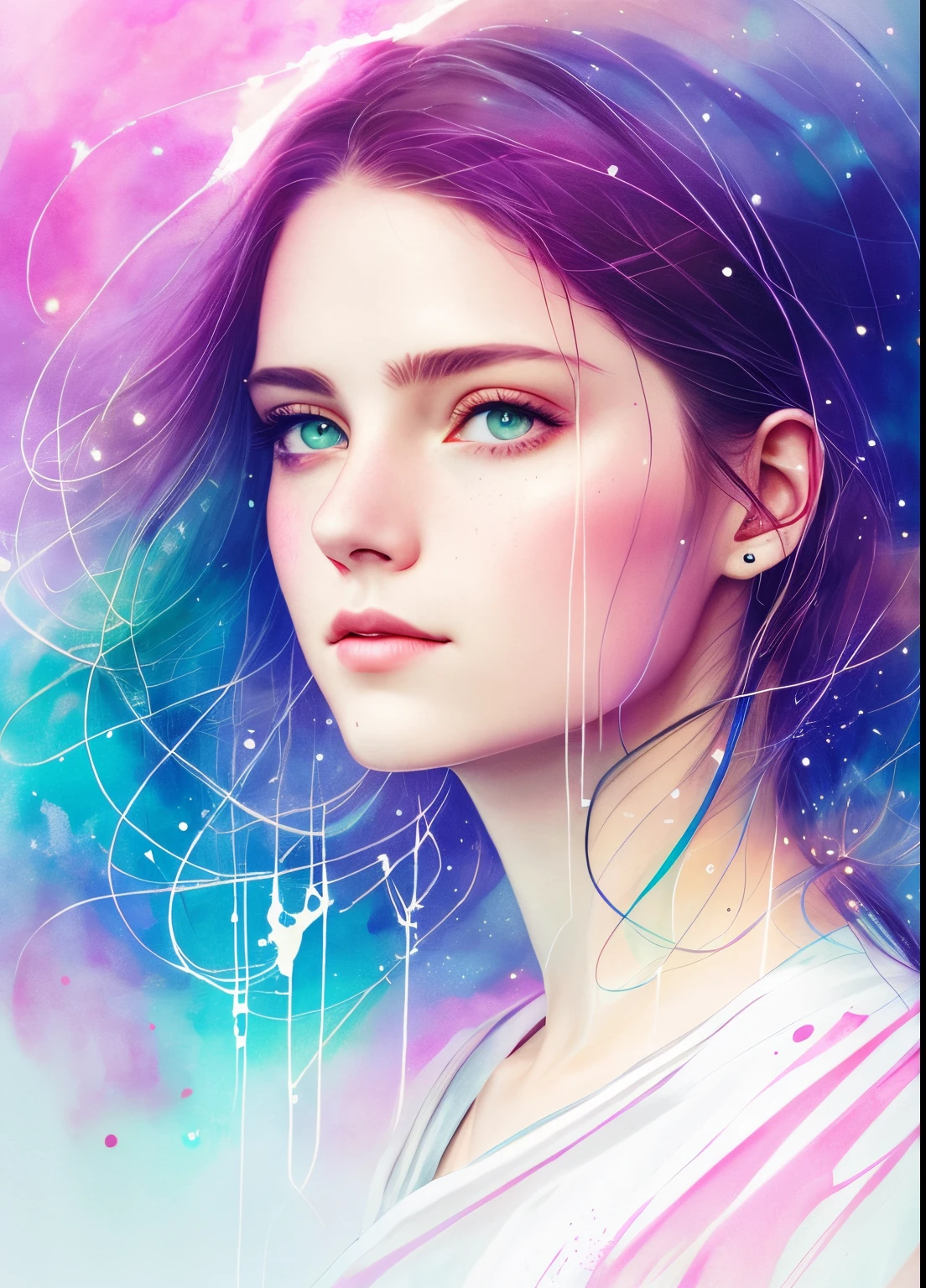 woman with agnes cecile, glowing design, pastel colors, ink drops, autumn lights
