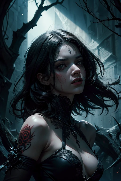 (melhor qualidade,4k,8k,Altas,master part:1.2),ultra-detalhado,(Realistic,fotorrealista,photo-realistic:1.37),vampiro louco por sangue,cabelos pretos longos,vestido de sangue vermelho,pale face,sugando um humano,presas afiadas,olhos intensos,Intimidating presence,atmosfera sombria e estranha,Dancing shadows,vivid colors,Gothic style,luz e sombras contrastantes,biting the victim's neck,sangue vermelho escorrendo,desejo intenso por sangue,luring the victim into the darkness,haunting expression,menacing aura,terror visceral,Arte de terror,paleta de cores vermelhas,lowkey lighting,night setting,beleza macabra,fome feroz,extraordinary details,transcendent darkness,Atmosfera sinistra,splatters carmesim,bloody elegance,intertwined desires