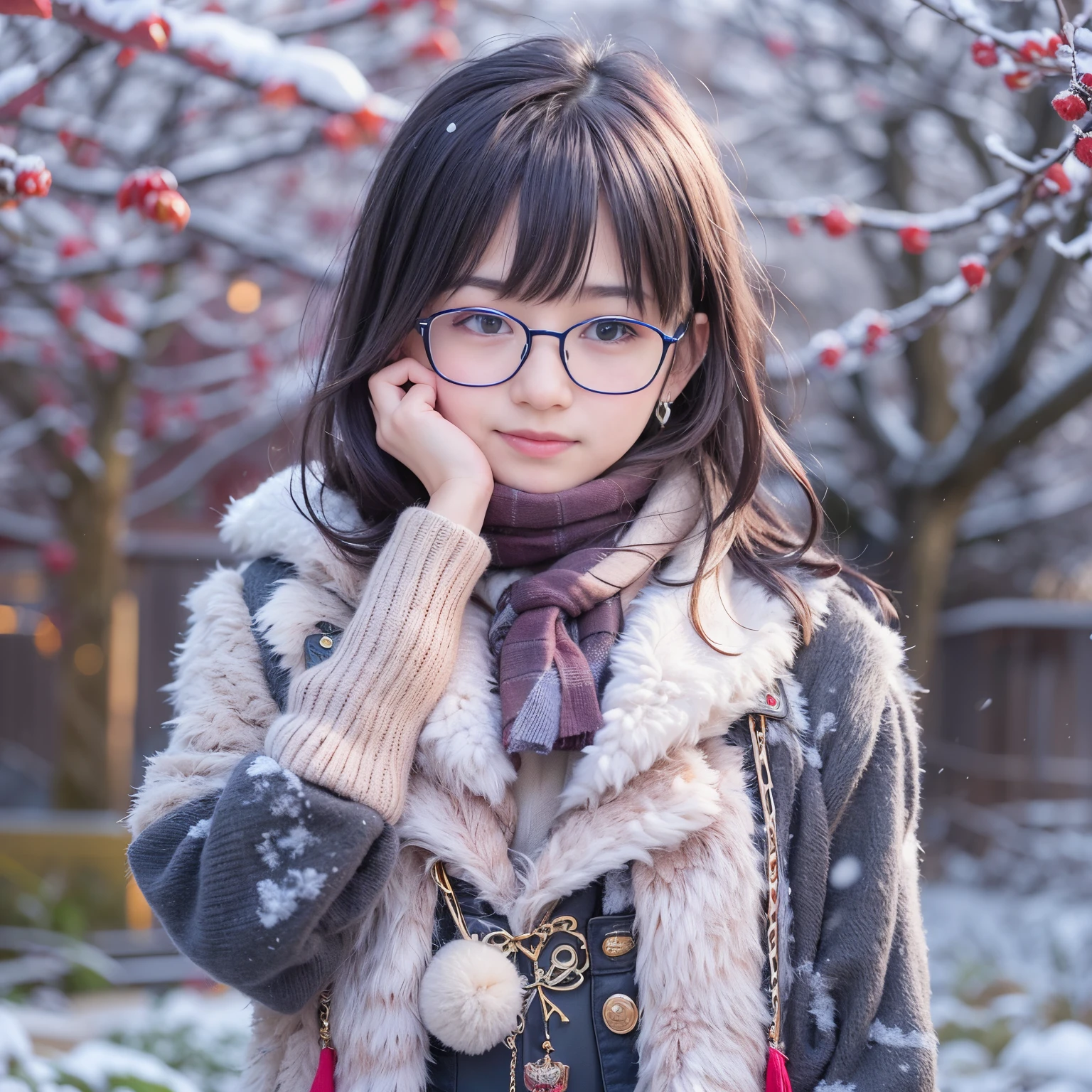Best-quality, Masterpiece, Ultra-High-Resolution, (Photorealistic:1.4), Raw-Photo, Extremely-Details, Perfect-Anatomy,
in winter schoolyard,
1girl, 15-years-old, the most popular Japanese idol, (wearing Japanese high-school winter uniform, muffler with cute design, glasses with cute design), face focus, close-up, innocent smile, looking at viewer,
extremely cute face like a most famous Japanese idol, extremely beautiful big black solid eyes, extremely beautiful black short-cut-haired, extremely beautiful realistic white skins, extremely beautiful wet lips,
detailed glasses, detailed Japanese high-school winter uniform, detailed muffler with cute design