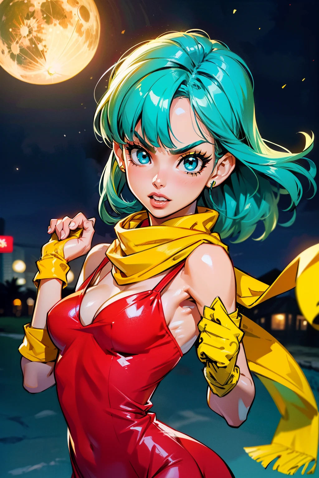 Waifu, masterpiece, curvy, breasts, moon, full moon, gloves, 1girl, clenched teeth, bulma, cleavage, large breasts, teeth, aqua hair, ((small yellow scarf:1.4)), blue eyes, rating:explicit,rule34, hardcore, tits,clenched hands, night, sky, ((red dress:1.4)), bare shoulders, blue hair, clenched hand, rating:questionable, (((hairtype 4C:1.5))), solo, angry, lip biting(gigantic and massive tits:1.1), breasts, official illustration, illustration, detailed face, beautiful intricate eyes, curvy milf, 1:2), closeup, titsnipples