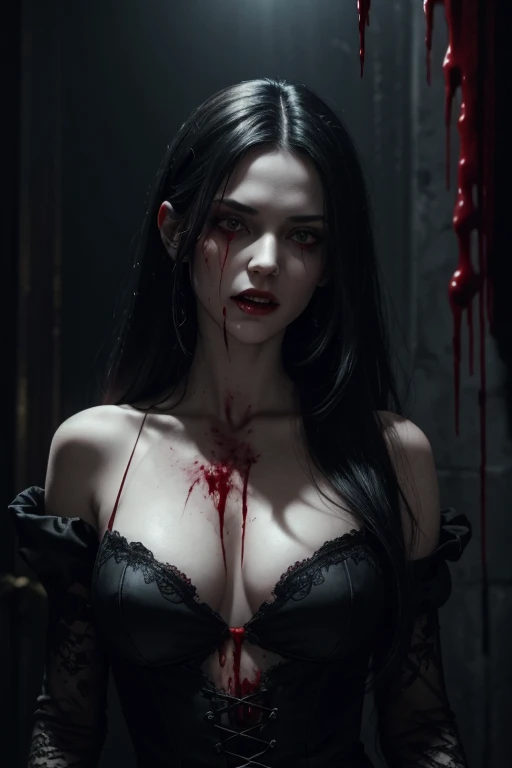 (best quality,4k,8k,highres,masterpiece:1.2),ultra-detailed,(realistic,photorealistic,photo-realistic:1.37),bloodcrazed vampire,long black hair,red blooded dress,pale face,sucking a human,sharp fangs,intense eyes,intimidating presence,dark and eerie atmosphere,dancing shadows,vivid colors,gothic style,contrasting light and shadows,biting into the victim's neck,red blood dripping down,intense craving for blood,luring the victim into darkness,haunting expression,menacing aura,visceral terror,horror art,red color palette,low-key lighting,nighttime setting,macabre beauty,ferocious hunger,extraordinary details,transcendent darkness,sinister ambiance,crimson splatters,bloody elegance,intertwined desires