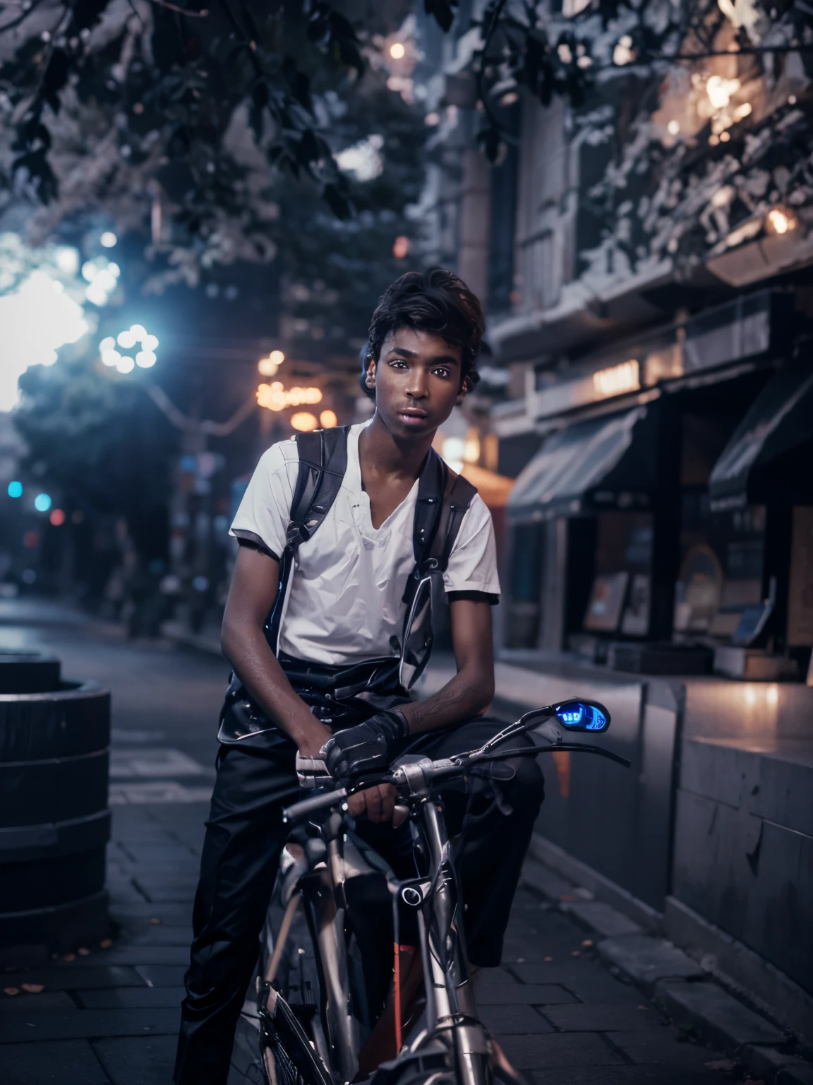 Boy with futuristic night City background realistic face HD 8K