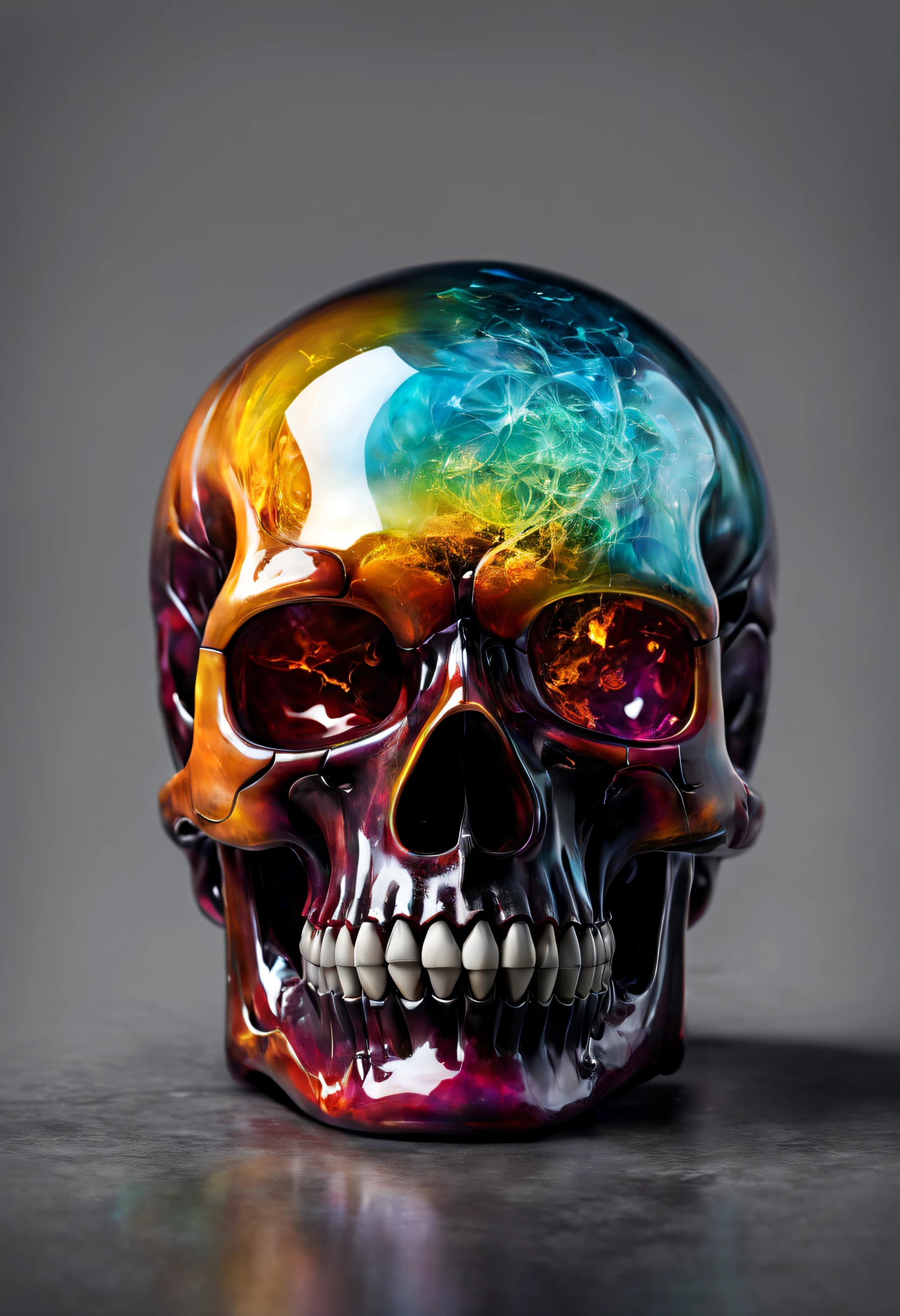 A realistic colored glass skull, beautiful and detailed. Which explodes when falling to the ground, the projections are textured like colorful textured dust
