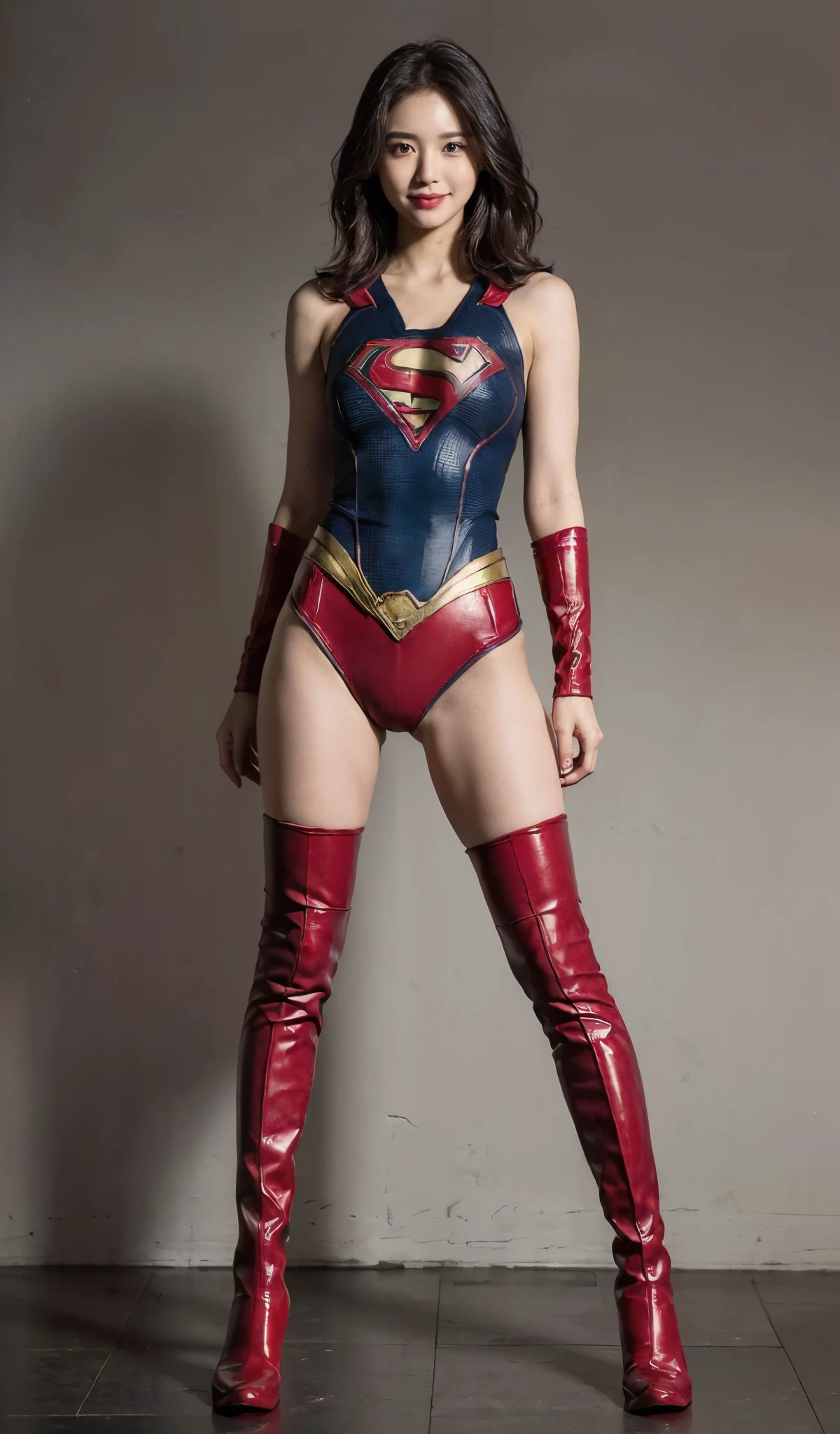 Suffering、mouth is always open sloppily、Drool is always dripping from my mouth、Asian Beautiful Girl、(((Wear black tights on your beautiful legs.)))、(((beauty legs)))、(((facial expression of smile)))、((((Make the most of the original image)))、(((Supergirl Costume)))、(((a short bob、beautiful hairl)))、(((Suffering)))、(((Feet must necessarily be worn with black tights)))、(((You need to wear red boots)))、((Top image quality、8K))、((top-quality、8K、​masterpiece:1.3))、(((Keep your background simple)))、Crisp focus:1.2、Beautiful woman with perfect body shape:1.4、Slender Abs:1.2、a wet body:1.5、Highly detailed facial and skin texture、8K、beauty legs