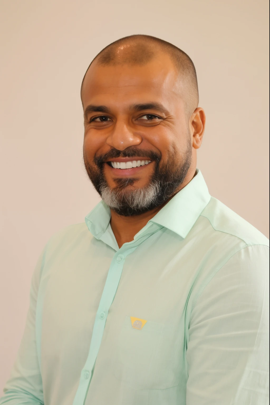 homem sorridente com uma camisa verde social com barba e careca, Homem de pele marrom com um sorriso gigante