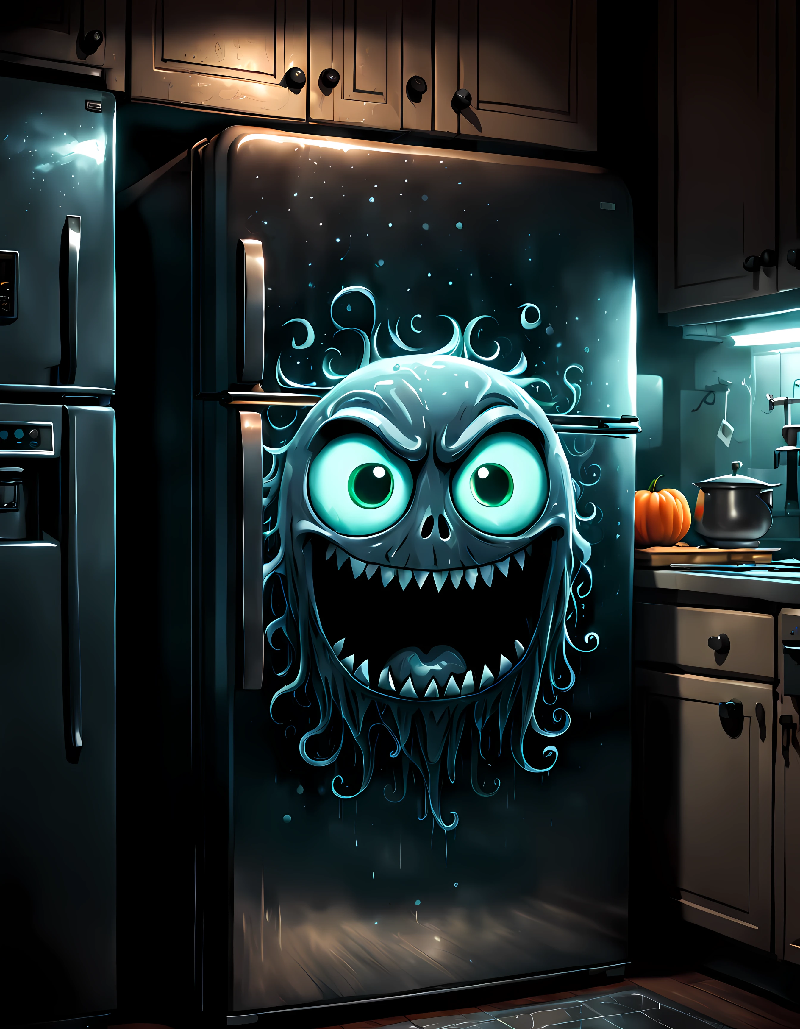 Cute Cartoon, CuteCartoonAF, (cute cartoon style:1.3), (front view:1.3), (close up:1.3), a cursed refrigerator that holds dark and mysterious secrets, an atmosphere of suspense and intrigue in an eerie and dimly lit kitchen, the refrigerator is covered with creepy symbols such as occult sigils, a sense of forbidden knowledge, haunting shadows on the refrigerator's surface enhancing the ominous feeling, a ghostly reflection in the refrigerator's shiny surface, shimmering wisps