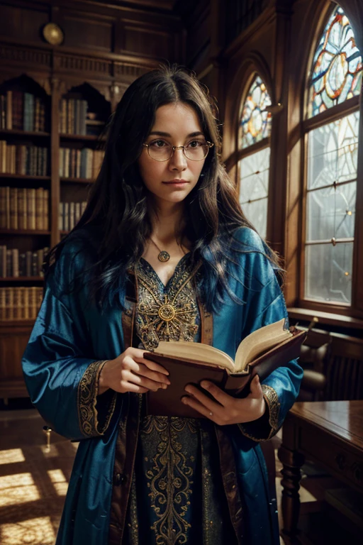 (best quality,4k,8k,highres,masterpiece:1.2),ultra-detailed,(realistic,photorealistic,photo-realistic:1.37),a pretty blue-haired nerd mage,sexy detailed mage robes,focus on the face,elaborate golden embroidery,flowing blue silk fabric,hint of magical sparks,glowing crystal pendant,enchanted staff,ancient grimoire,spellcasting gesture,standing in a majestic library,bookshelves reaching the ceiling,books bound in leather,stacks of parchment scrolls,rays of soft golden light shining through stained glass windows,carpeted floor with intricate patterns,mysterious atmosphere,aura of power,meticulously crafted eyeglasses,sparkling blue eyes,intense expression of concentration,casting a powerful spell,surrounded by floating magical symbols,whispers of arcane knowledge,faint crackling of magical energy,background filled with towering bookcases,ancient tomes and manuscripts,hidden chamber with secret passageways,dusty air filled with the scent of aged paper and ink,portrait of an esteemed wizard hanging on the wall,impressive collection of magical artifacts,curiosities and oddities carefully showcased,otherworldly creatures frozen in paintings,boundless knowledge waiting to be unraveled.