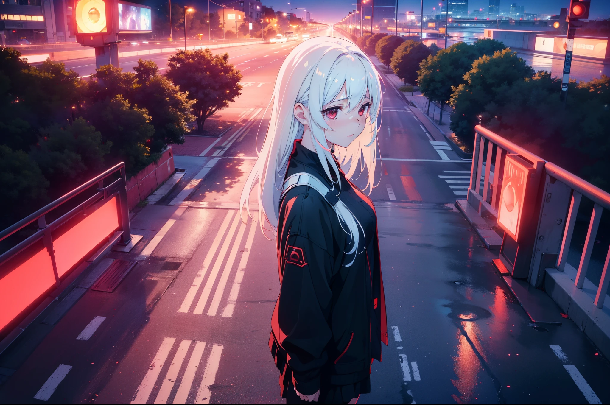 1 cute girl, standing on pedestrian bridge,(afterimage of car red light) ,from above, from side, upper body , character focus, crying,tears , (cinematic lighting), night, high resolution,(incredibly absurdres) ,extremely detailed CG unity 8k wallpaper, ((masterpiece)), ((top-quality)), (beautiful illustration), ((an extremely delicate and beautiful))