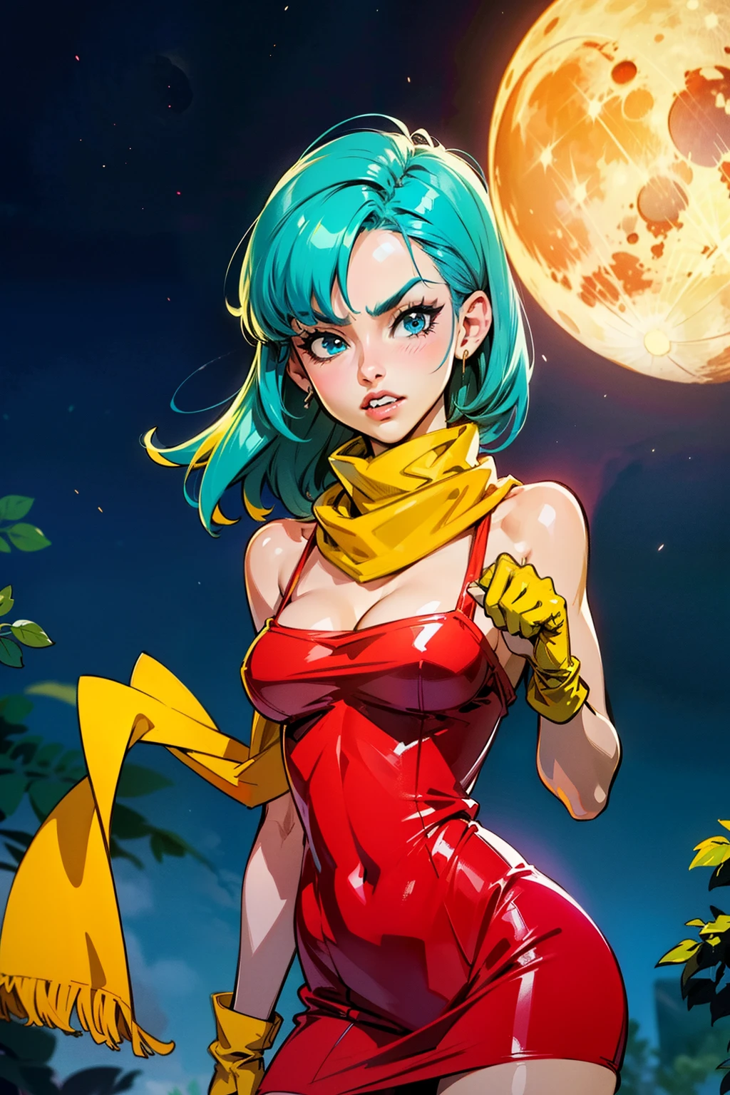 Waifu, masterpiece, curvy, breasts, moon, full moon, gloves, 1girl, clenched teeth, bulma, cleavage, large breasts, teeth, aqua hair, ((small yellow scarf:1.4)), blue eyes, rating:explicit,rule34, hardcore, tits,clenched hands, night, sky, ((red dress:1.4)), bare shoulders, blue hair, clenched hand, rating:questionable, (((hairtype 4C:1.5))), solo, angry, lip biting, (gigantic breasts:1.3), breasts, official illustration, illustration, detailed face, beautiful intricate eyes, curvy milf, 1:2), closeup, titsnipples