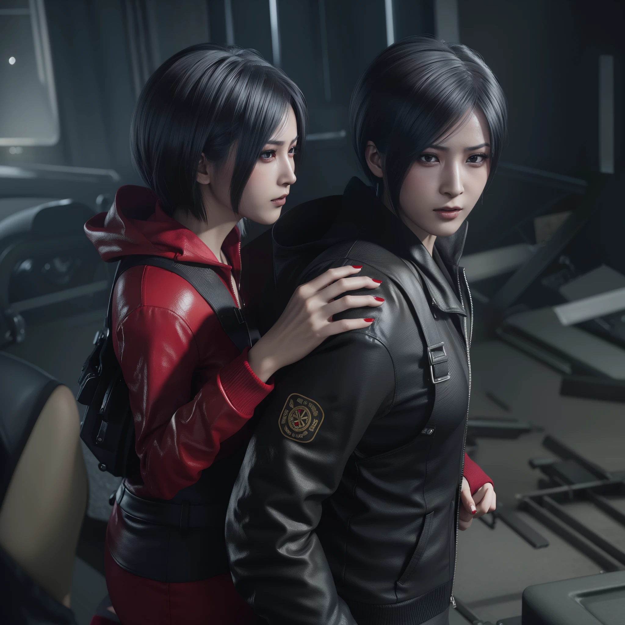Woman, Ada wong, panic expression, glazed eyes, wearing mini red dress with hoody, black nails polish