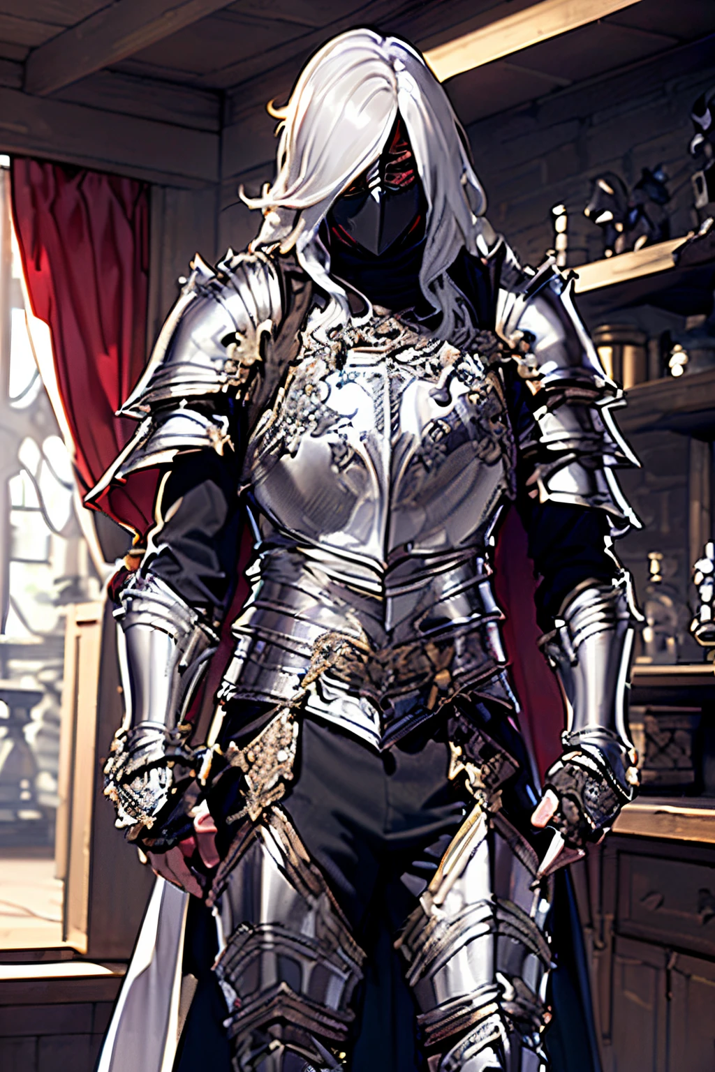 Draw lines and scenes without colors and shadows, Detailed, intricate detials, 4k, (portraite of a), ((beste-Qualit, hight resolution, ultradetailed), bright colours, ((((1 male)))), grown up, tall muscular guy, wide shoulders, Fantasy, dnd, Aasimar, person, the angel of death, black wings, Metal mask, Mask-mask, ((face mask)), Mask on the whole face, Hides Eyes, hides the face, White long hair, white colored hair, slick hair, straight hair, Chain mail, chain mail armor, Fantasy armor, cinematic  composition, Creating an atmospheric atmosphere, knight, paladin, PaladinOathbreaker, Gothic armor, Full-length portrait of a mysterious knight, Wearing heavy armor, pale skin, macabre, Gloomy design, Has red smoke and aura, evil knight, Fallen Knight, eldritch, Creepy, nightmarish, Epic Angel Wings, light around the head, red torn cloak, Additional lighting, whitebackground, Covering your eyes, Close your eyes