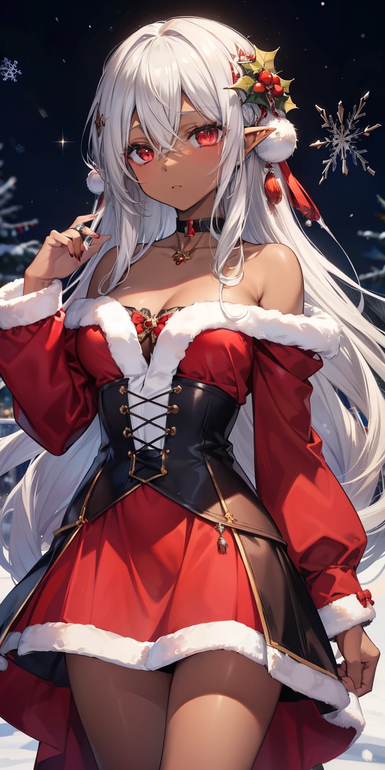 (masutepiece: 1.2, Best Quality), 1 Lady, Solo, silber hair,The long-haired, Red Eyes, Black skin,Brown skin,elvish、a choker,Silver Accessories,snowscape,Christmas,Santa Clothes,,
