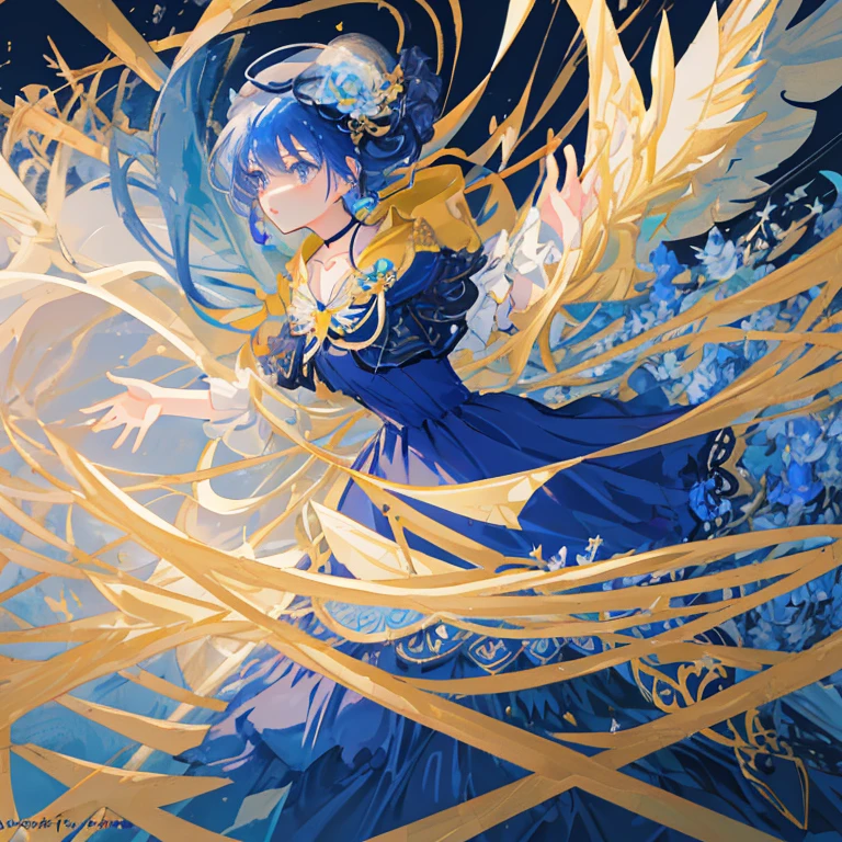 (Masterpiece, Best Quality, illustartion), 1 little girl, facial focus, long blue hair, half updo, expressionless face, The vibrant, (long dark blue Lolita dress), (ribbon decoration on dress), cappo hat, full - body, (Fighting movement pose), cornflower on the hood, loli, (capelet), (Choker), (intricate ornamentation), (magical girl), (Magical girl costume), Detail, (Magic effect: 1.3), (flowy dress: 1.2), Dynamic Angle
