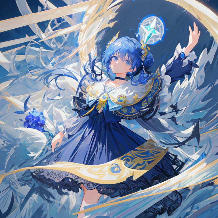 (Masterpiece, Best Quality, illustartion), 1 little girl, facial focus, long blue hair, half updo, expressionless face, The vibrant, (long dark blue Lolita dress), (ribbon decoration on dress), cappo hat, full - body, (Fighting movement pose), cornflower on the hood, loli, (capelet), (Choker), (intricate ornamentation), (magical girl), (Magical girl costume), Detail, (Magic effect: 1.3), (flowy dress: 1.2), Dynamic Angle