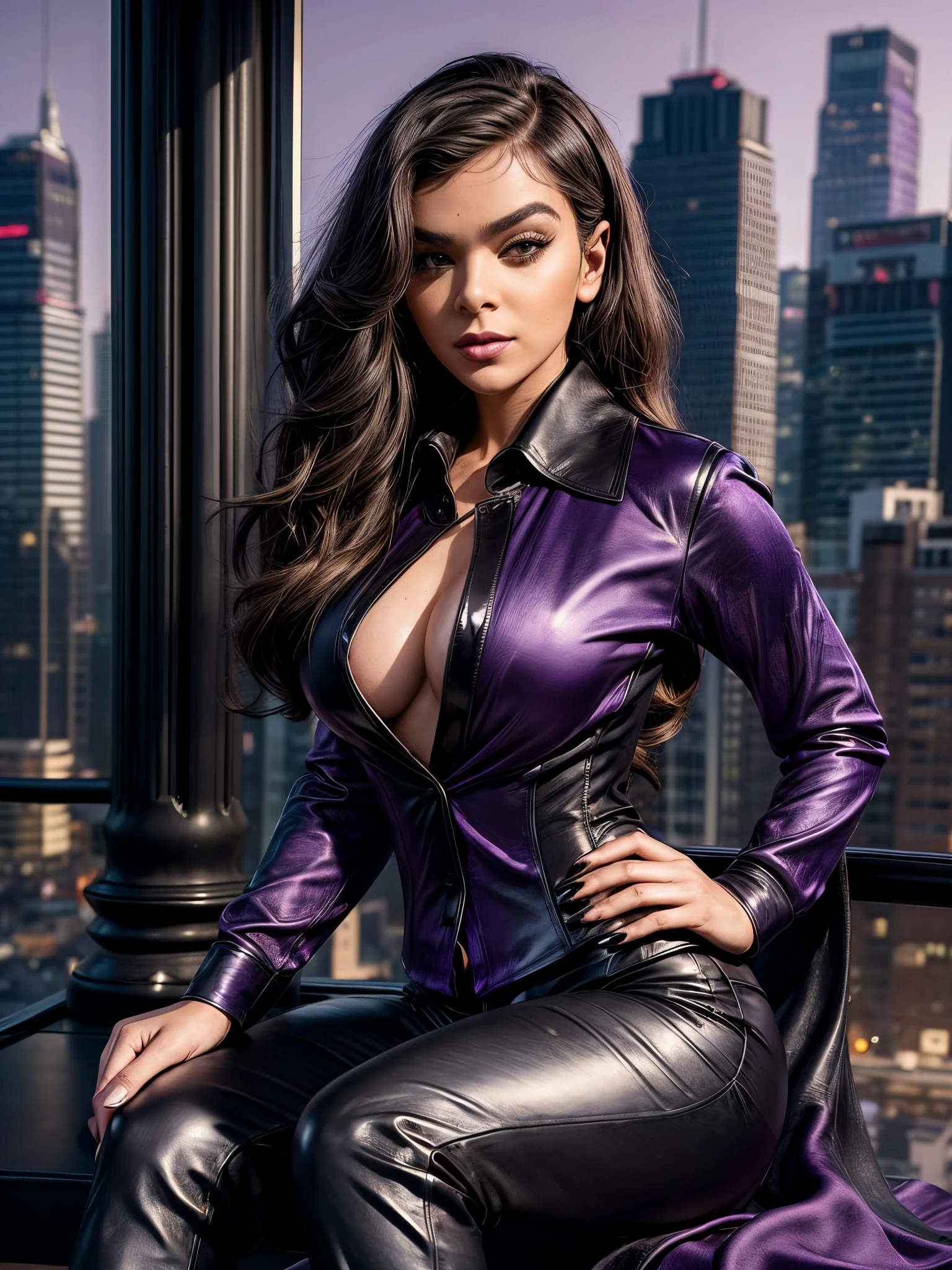 sexy business woman, long curly hair, gorgeous big eyes, high arched eyebrows, seductive look, (black leather business suit with purple silk shirt:1.3), stilettos, midnight corner office with city skyline in background, spot lighting, backlight on hair, shallow depth of field, bokeh, sexy