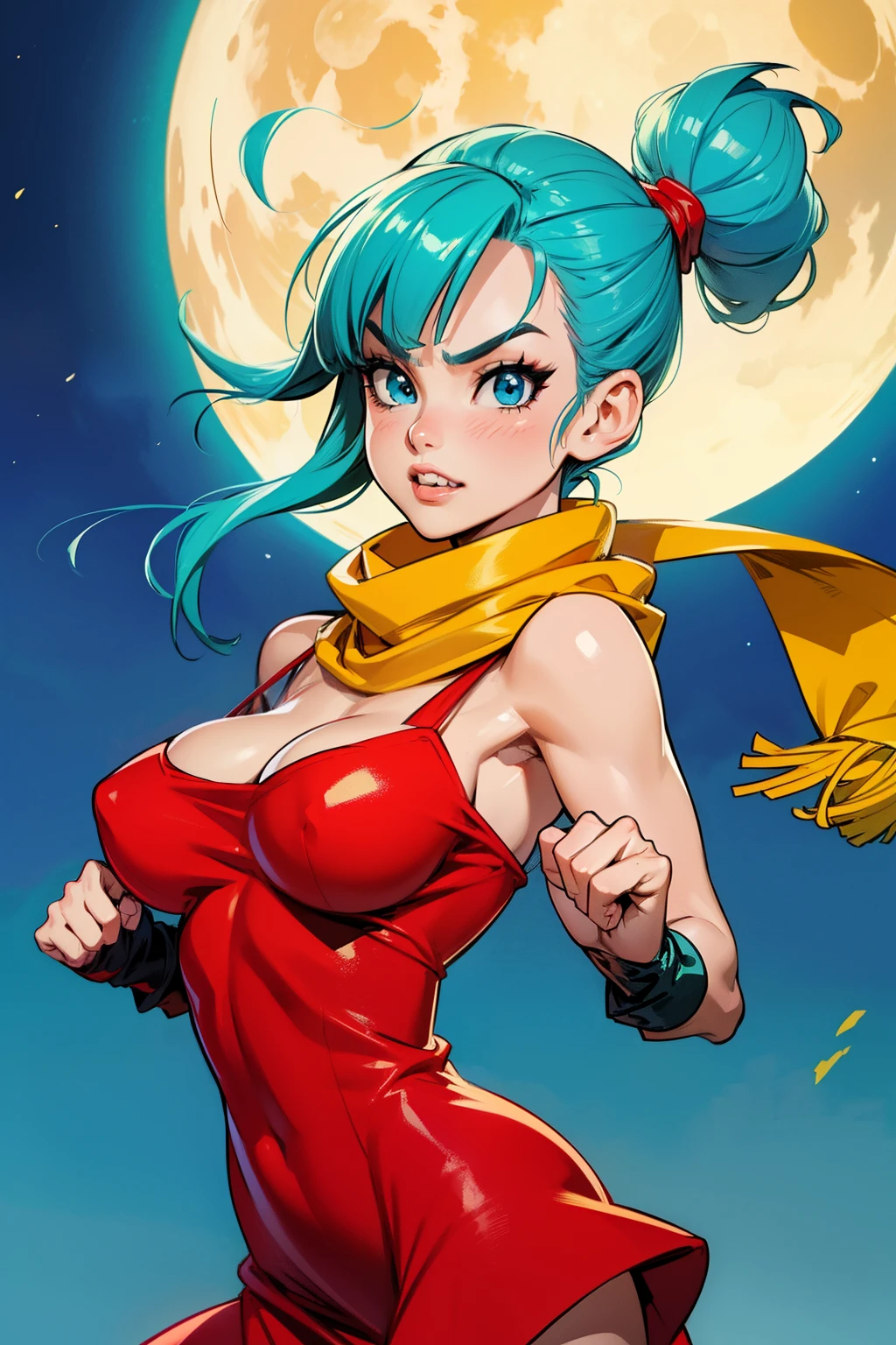 Waifu, masterpiece, curvy, breasts, moon, full moon, gloves, 1girl, clenched teeth, bulma, cleavage, large breasts, teeth, aqua hair, ((small yellow scarf:1.2)), blue eyes, rating:explicit,rule34, hardcore, tits,clenched hands, night, sky, ((red dress:1.4)), bare shoulders, blue hair, clenched hand, rating:questionable, (((hairtype 4C:1.5))), solo, angry, lip biting(gigantic and massive tits:1.1), breasts, official illustration, illustration, detailed face, beautiful intricate eyes, curvy milf, 1:2), closeup, titsnipples