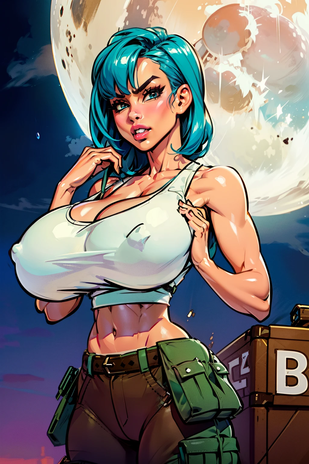Waifu, masterpiece, curvy, breasts, moon, full moon, gloves, 1girl, clenched teeth, bulma, cleavage, large breasts, teeth, aqua hair, ((white tank top:1.2)), blue eyes, rating:explicit,rule34, hardcore, tits,clenched hands, night, sky, ((brown cargo pants:1.4)),(white skin:1.4), bare shoulders, blue hair, clenched hand, rating:questionable, (((hairtype 4C:1.5))), belt, solo, angry, lip biting(gigantic and massive tits:1.1), breasts, official illustration, illustration, detailed face, beautiful intricate eyes, curvy milf, 1:2), closeup, titsnipples