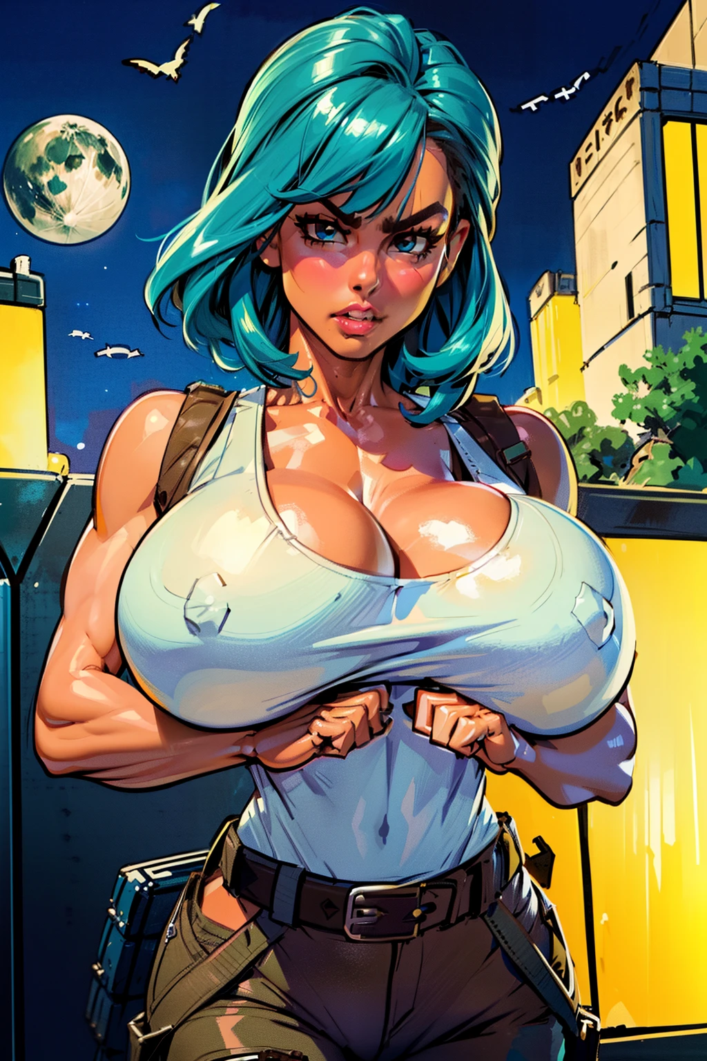 Waifu, masterpiece, curvy, breasts, moon, full moon, gloves, 1girl, clenched teeth, bulma, cleavage, large breasts, teeth, aqua hair, ((white tank top:1.2)), blue eyes, rating:explicit,rule34, hardcore, tits,clenched hands, night, sky, ((brown cargo pants:1.4)),(white skin:1.4), bare shoulders, blue hair, clenched hand, rating:questionable, (((hairtype 4C:1.5))), belt, solo, angry, lip biting(gigantic and massive tits:1.1), breasts, official illustration, illustration, detailed face, beautiful intricate eyes, curvy milf, 1:2), closeup, titsnipples