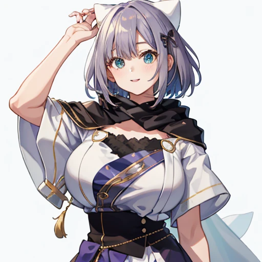 (masterpiece、top-quality:1.2), Simple background, ((Portrait)), 独奏, 1girl in, Sumire Kaga, Virtual Youtuber, A smile, (huge breasts, curvy, gigantic sagging breasts, large breasts, gigantic breasts, sagging breasts), Mouth closed, Look at viewers, short-hair, hair adornments, White cap, The shirt, Capelet, scarf、White panties、(((((anime styled)))))、(((kawaii)))