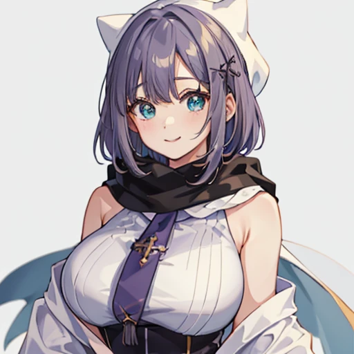 (​masterpiece、top-quality:1.2), Simple background, ((Portrait)), 独奏, 1girl in, Sumire Kaga, Virtual Youtuber, A smile, (huge breasts, curvy, gigantic sagging breasts, large breasts, gigantic breasts, sagging breasts), Mouth closed, Look at viewers, short-hair, hair adornments, White cap, The shirt, Capelet, scarf、White panties、(((((anime styled)))))、(((kawaii)))